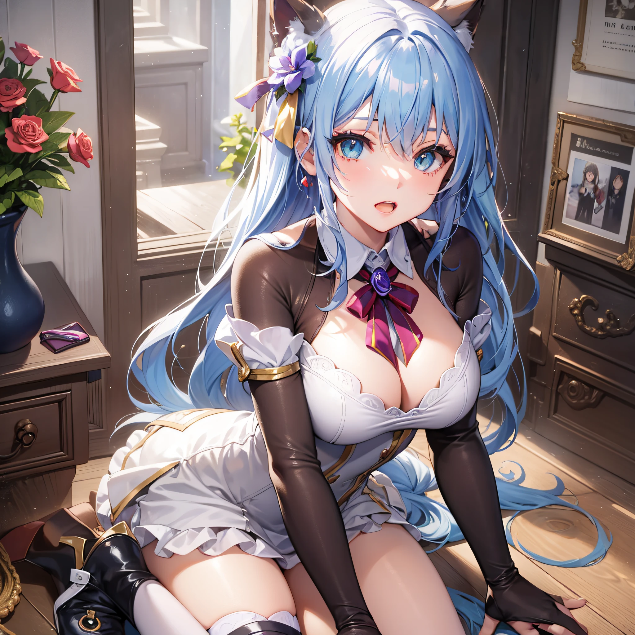Anime - stylistic image of a woman with silver hair and a white dress, seductive anime girls, Very beautiful anime girl, beautiful anime catgirl, 8K high quality detailed art, trending on artstation pixiv, Detailed digital anime art, anime moe art style, Guweiz in Pixiv ArtStation, style of anime4 K, Attractive cat girl