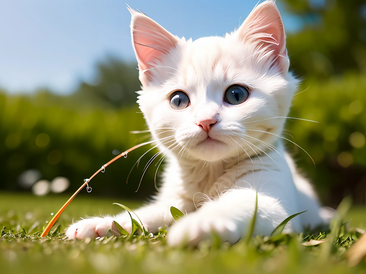 White kitten fishing，Clover background，Water，rays of sunshine，Close-up of the head，Soft hair，fluffy ears