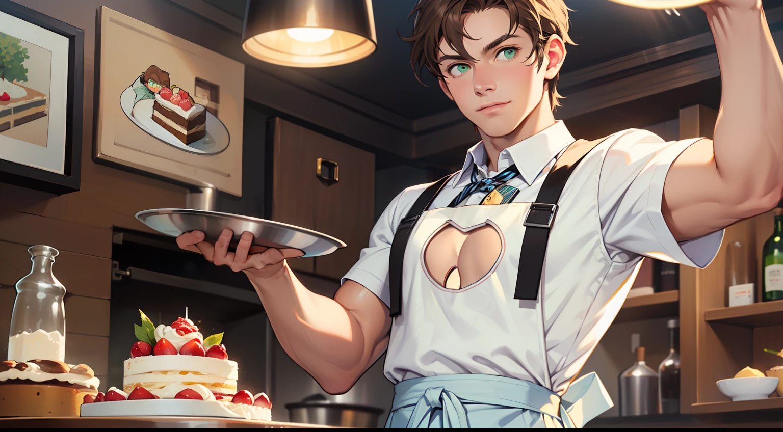 (high-quality image), a dashing young adult waiter with (medium-length brown hair), (green eyes), wearing a (crisp white shirt), (blue pants), and a (waist apron) that perfectly accents his (short-sleeved) style. The icing on the cake is the charming little (((keyhole cutout shirt))) adding just the right touch of whimsy to the ensemble.