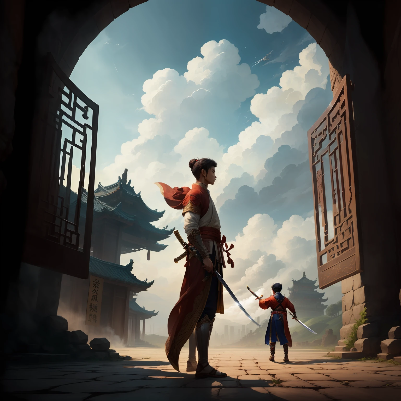 A young swordsman stands outside the gate of Chang'an City with a long sword,The city gates soar into the clouds,The boy's robe danced,ancient wind,strabismus,Hyper-Resolution --auto