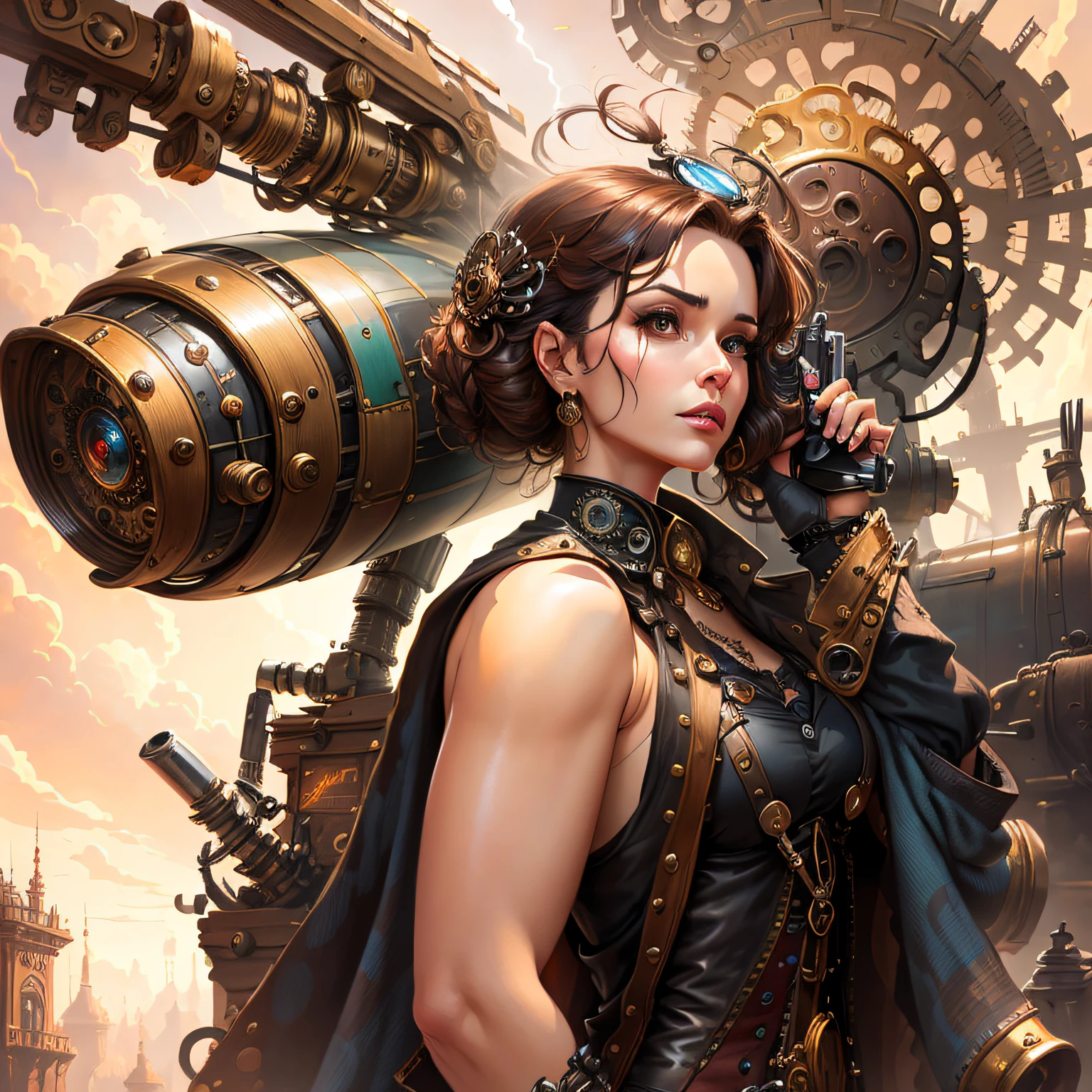 There's a woman with a gun and a steam watch in her hand, Retrato de Lady Mechanika, steampunk mulher anime bonita, detailed steampunk illustration, steampunk pin-up menina, cushart krenz arte chave feminina, arte steampunk de alta qualidade, uma deusa steampunk bonita, Como Lady Mechanika, steampunk illustration, Artgerm Julie Bell Beeple, estilo de fantasia steampunk