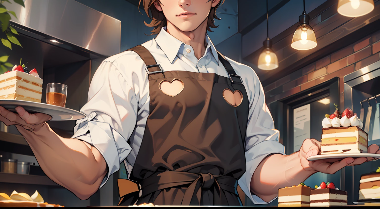 (high-quality image), a dashing young adult waiter with (medium-length brown hair), (green eyes), wearing a (crisp white shirt), (blue pants), and a (waist apron) that perfectly accents his (short-sleeved) style. The icing on the cake is the charming little (((keyhole cutout shirt))) adding just the right touch of whimsy to the ensemble.