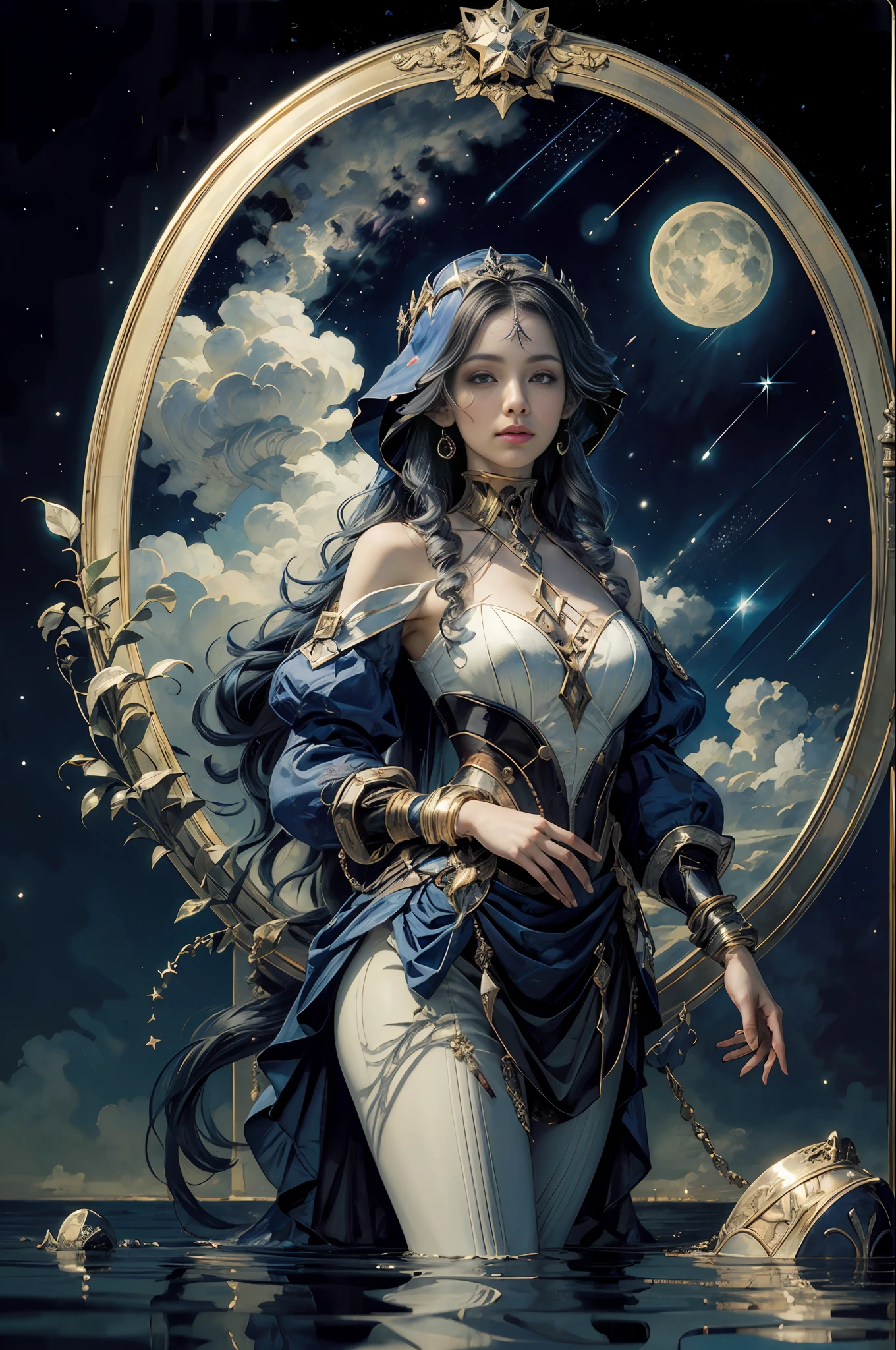 European woman face portrait, long curly hair, blonde, flower frame, decorative panels, abstract art, Alphonse Mucha (masterpiece, best quality, high resolution: 1.4), detailed, intricate details, 4K, color splashes, line art, Fibonacci, starry sky, night, outdoor, clouds, reflection, water, magic, tarot, water magic, sorceress, ((beautiful golden crystal star)) architecture, palace, patterns, Sumeru, clouds, moon