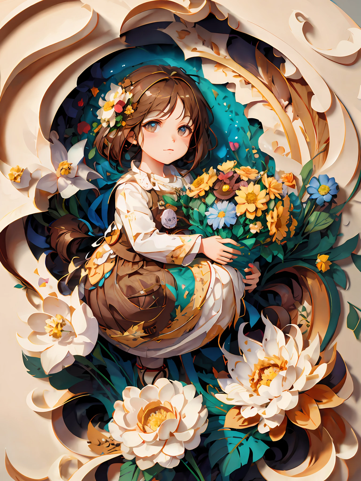 There was a girl sitting on a wall full of flowers,Holding a basket of flowers, Cute detailed digital art, A beautiful artwork illustration, lovely digital painting, cute detailed artwork, Detailed digital anime art, Beautiful digital artwork, Beautiful art UHD 4 K, Anime fantasy illustration, adorable digital art, Beautiful digital illustration, Digital art on Pixiv, 4k highly detailed digital art