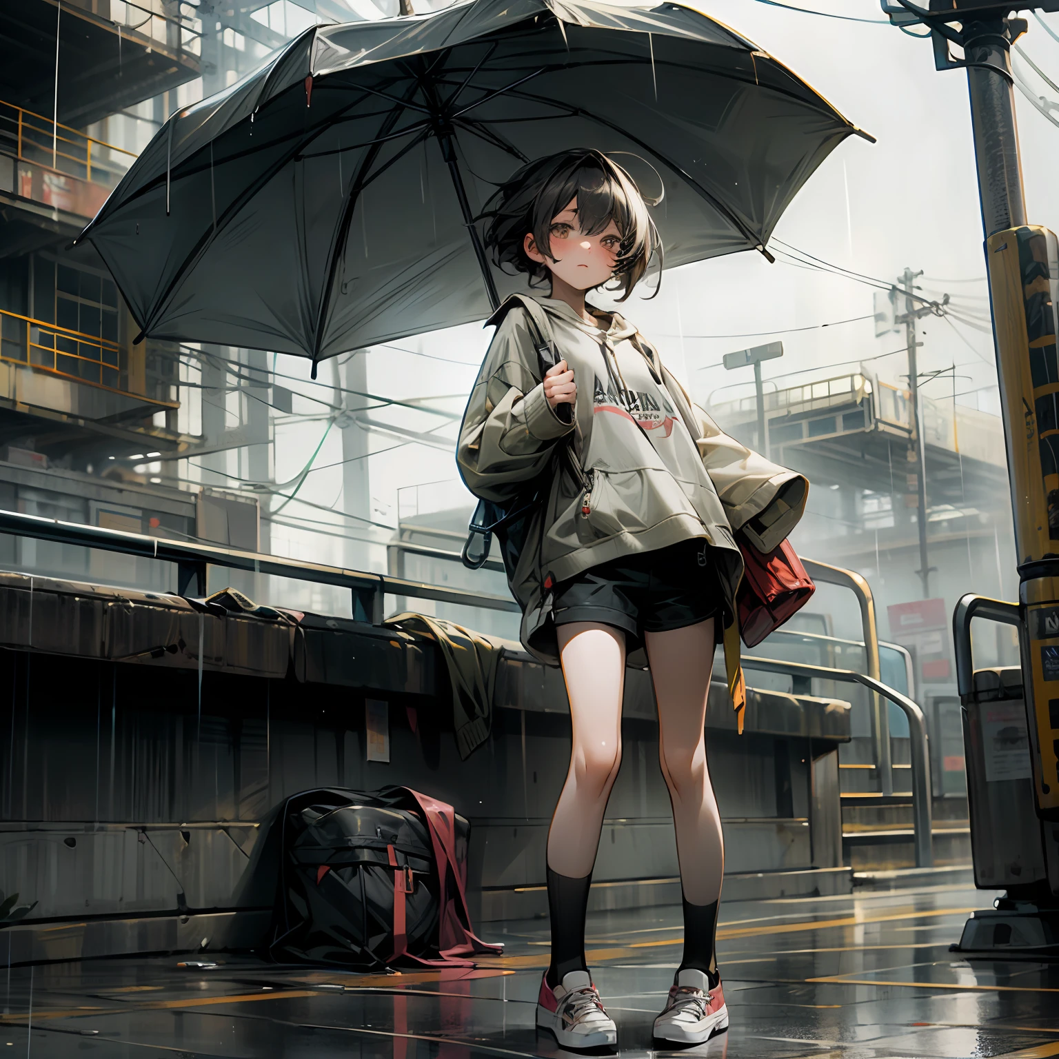 Maiden in the rain,Wear a loose sweatshirt,Black shorts,canvas shoe --auto