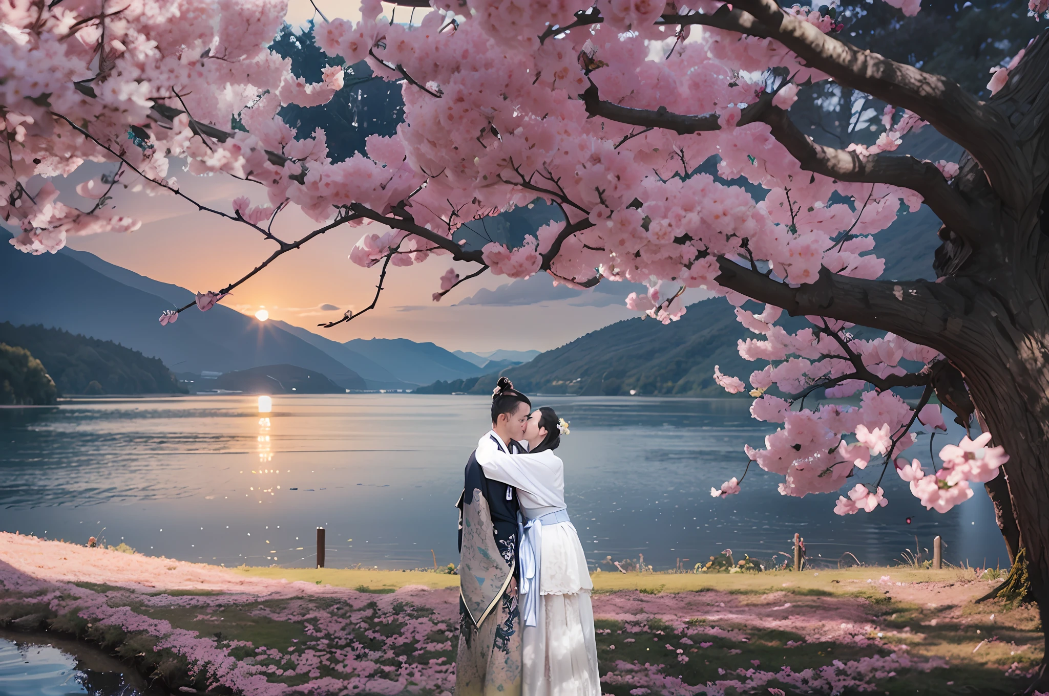 A man and a woman stand under a cherry blossom tree wearing Hanfu,hugging eachother, Under the trees is a sea of flowers, Behind the trees is the lake, Across the lake is the mountain, The setting sun reflects the setting sun, Lotus flowers float on the surface of the lake, Several cherry blossoms float in the air, photore, High detail, Verism, kanon, A high resolution, Best quality, High quality, High details, Super detail, Masterpiece, hyper HD