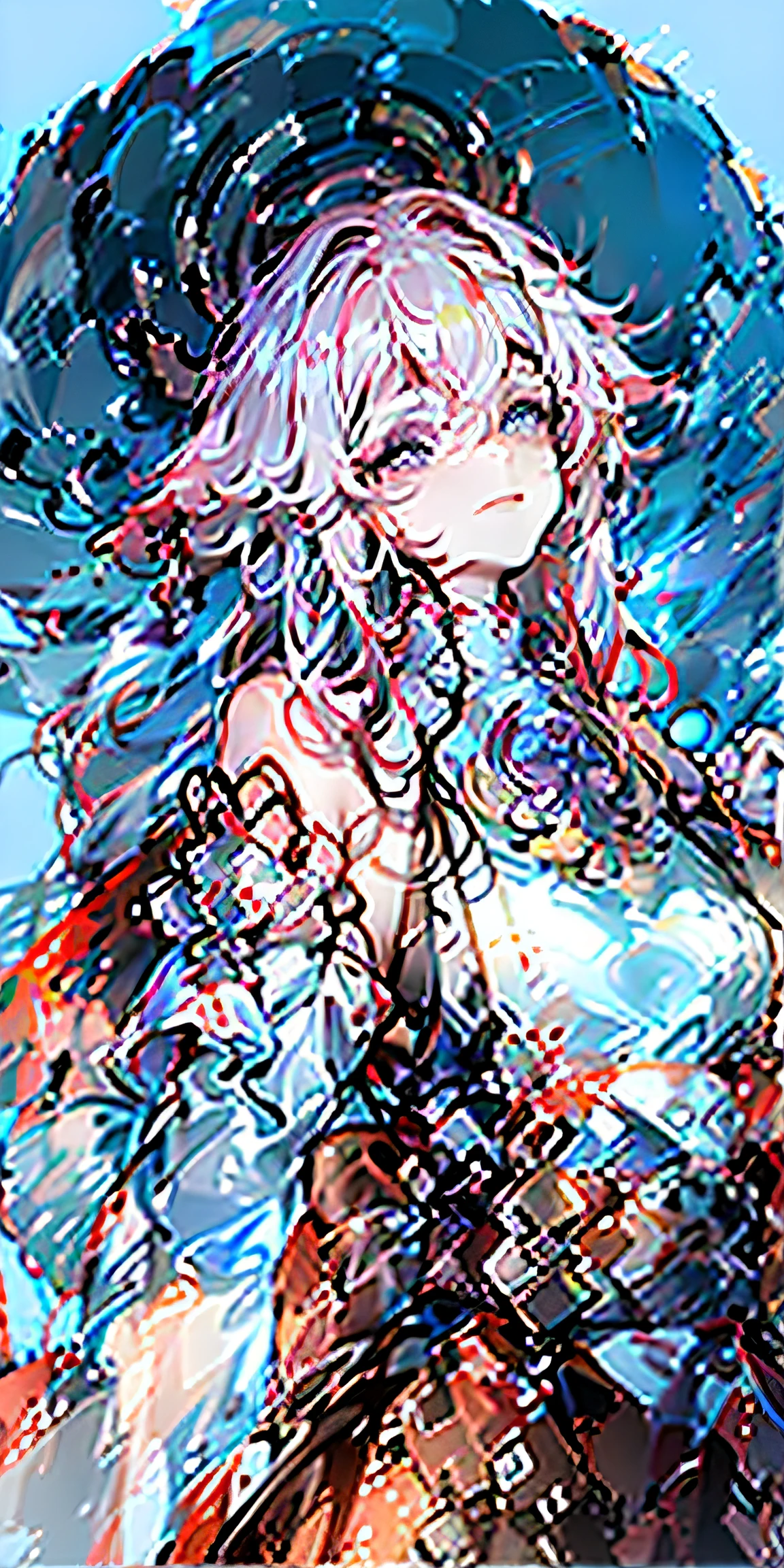 (Highest image quality),(A masterpiece),(Super meticulous),(Eye detail description:1.0),(lens flare glow:1.0),(filmposter:1.0),(Tarot border:1.0),The portrait is centered,(closeup cleavage:1.0),(negative space:0.8),(negative space:1.6),(独奏),(Floating color mesh:1.0),(Many colored spikes:1.0),(Floating water droplets:1.0) ,(Water magic:1.0),(Mottled sunlight,llight rays,Caustics:1.2),(irridescent:1.0),(Beautiful detail halo:1.0),(Lean back:1.2),(Grim expression:1.0),(Little big breasts柄:1.0),(Open-mouthed:1.0),(eyeslashes),(Red-white hair:1.4),(long whitr hair:1.0),(facing to audience:1.3),(tilt of the head:1.0),(Dynamic pose:1.1),(Asymmetrical hair:1.2),(White-red,(witch clothes),(Cascading skirt),(Deep purple eyes:1.4),slanted bangs,High double ponytail,Drill hair,Long coat,(Flowing cloak: 1.0),,(abstract backgrounds:1.4),(:1.1),(jumpping:1.1),(tan:1.1),(The upper part of the body:1.25),pondering,collofull eyes,++,raincoat,cropped shoulders,tightsuit