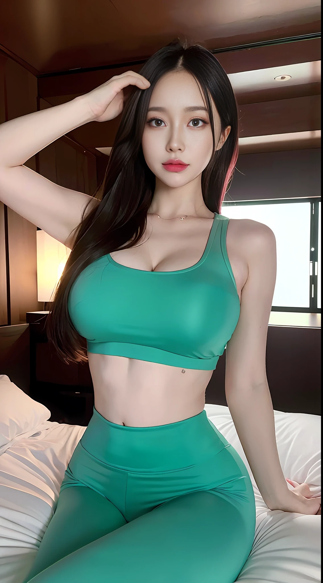 Ultra detail, high resolution, (realistic, realistic:1.4), 8k, (best quality), physical-based rendering, photorealistic photos, professional color grading, highest quality, green bra and tight pink leggings, full body, cropped t-shirt, slim body, 24 year old female model,