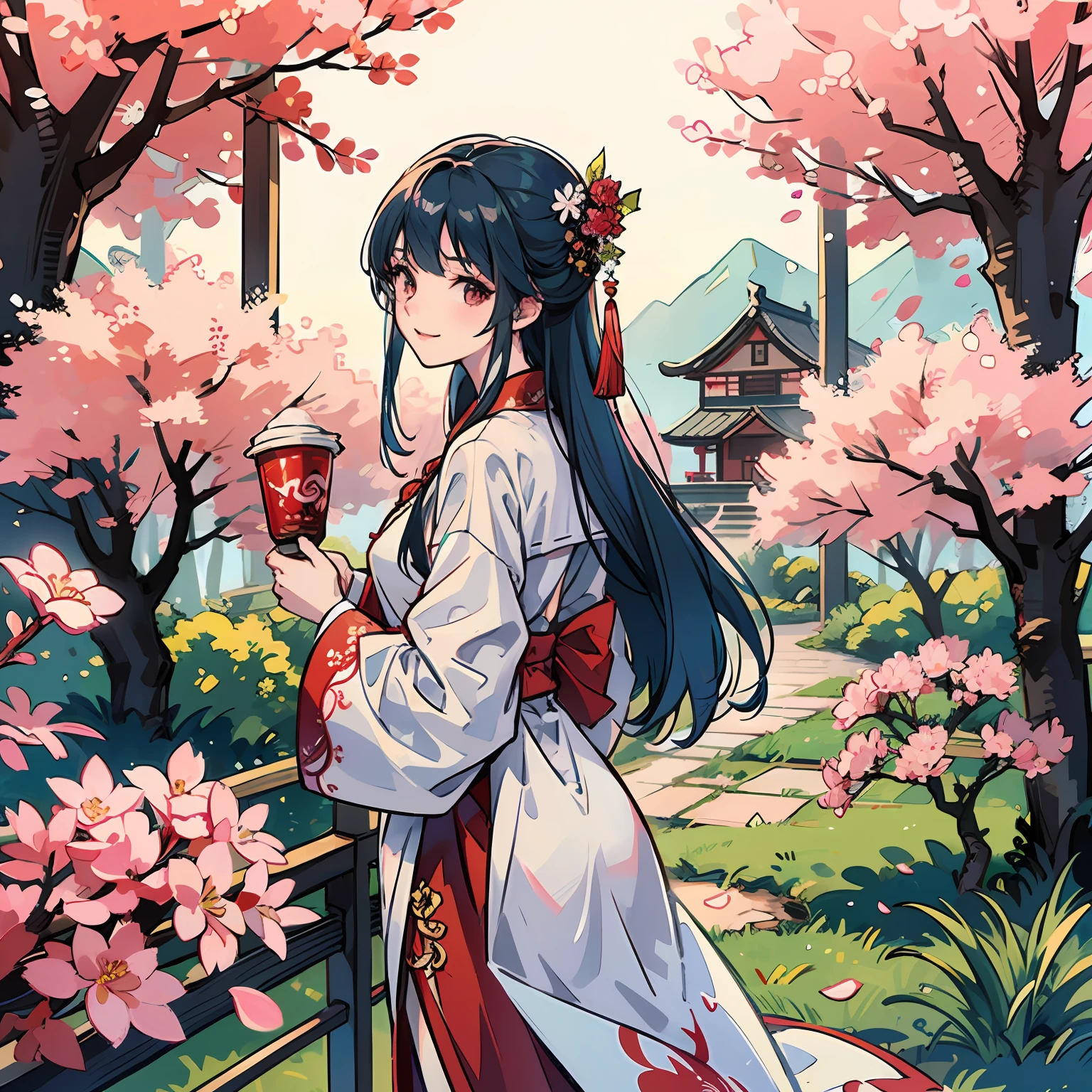 schoolgirls,Stand up,blue hair,back to look back,Next to him is a red Chinese dragon,There is a Chinese house in the back,the night,Two-dimensional models,Cup-shaped smiley,adolable,Take a Chinese fan,Wearing Chinese clothing,Red and white,Two-dimensional model ,Stand under the cherry blossom trees,sakura flowers falling --auto