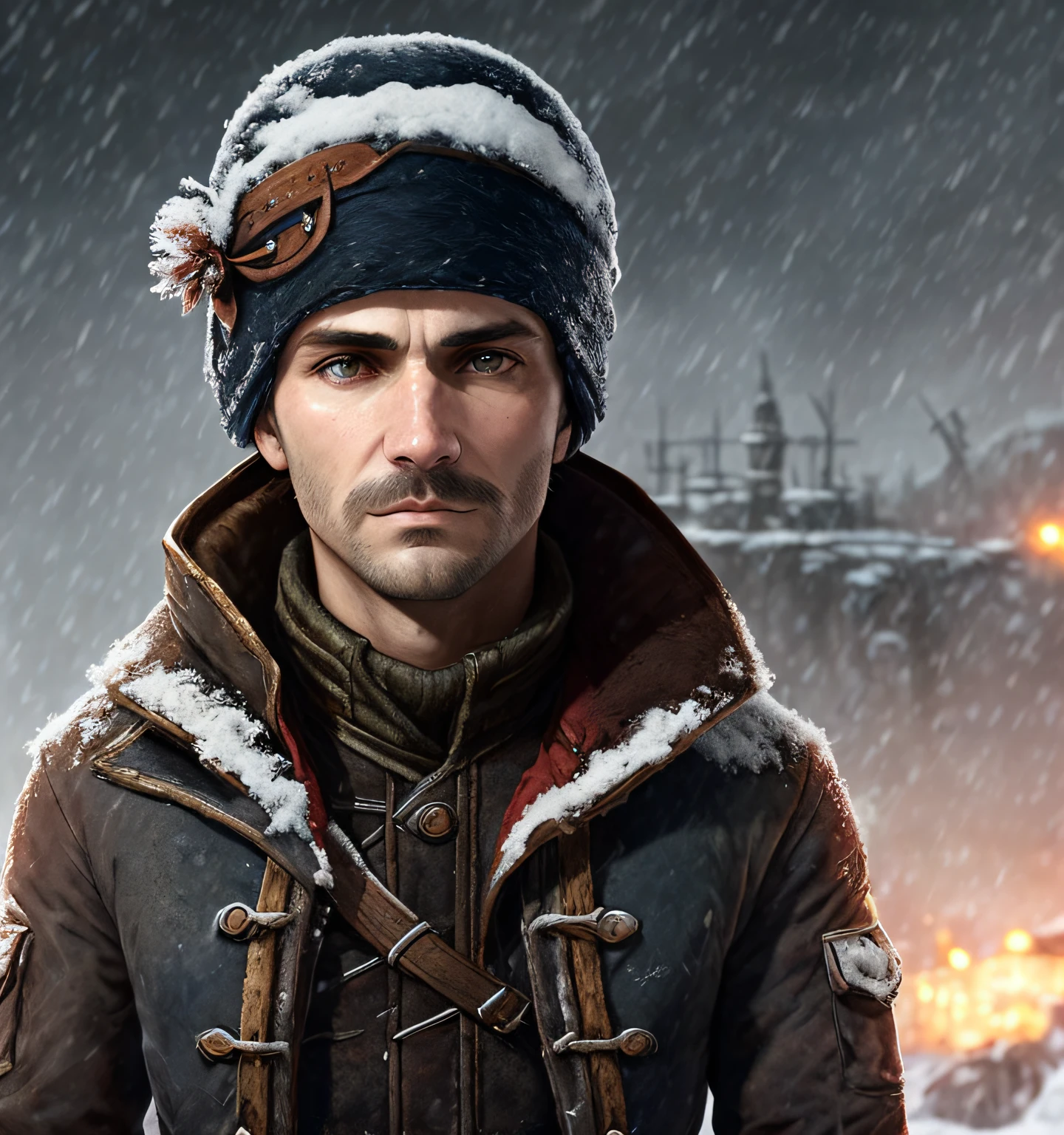 Soviet commander of about 50 years old with a very confident and frowning look with a small mustache in a tunic during a snowstorm, epic realistic. photo, ((frostpunk)), snow in the background, (dark shot:1.17), epic realistic, faded, ((neutral colors)), art, (hdr:1.5), (muted colors:1.2), hyperdetailed, (artstation:1.5), cinematic, warm lights, dramatic light, (intricate details:1.1), complex background, (rutkowski:0.8), (teal and orange:0.4), ((intricate details)), hdr, ((intricate details, hyperdetailed))