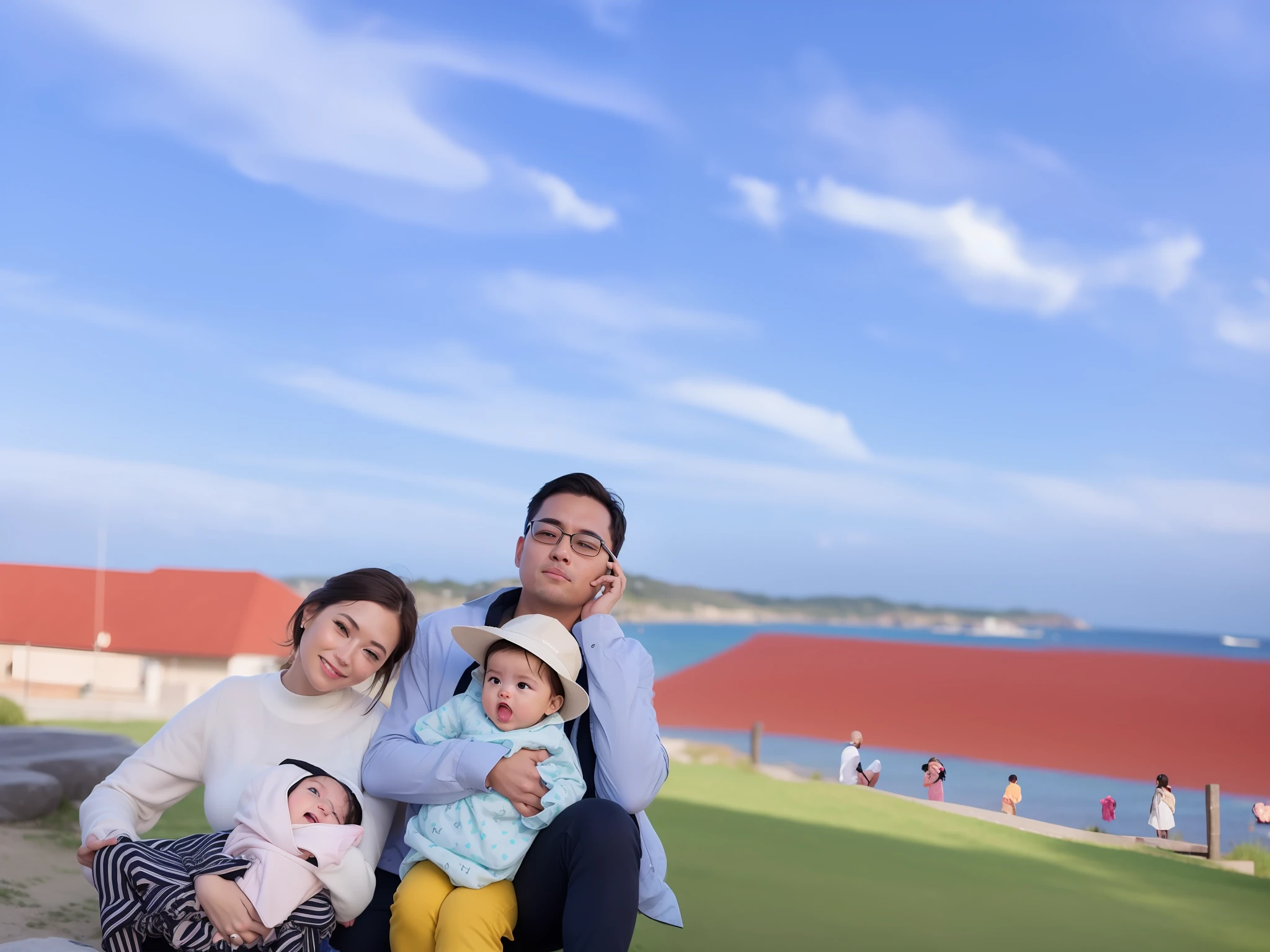 There were two women and a baby sitting on a rock, Photo Hot, post-proces), Profile image, 🤬 🤮 💕 🎀, photo taken with canon 5d, shot on iphone, Family, vibrant sky, Happy family, vacation photo, 😭 🤮 💕 🎀, taken on go pro hero8, taken with sony alpha 9, the ocean in the background