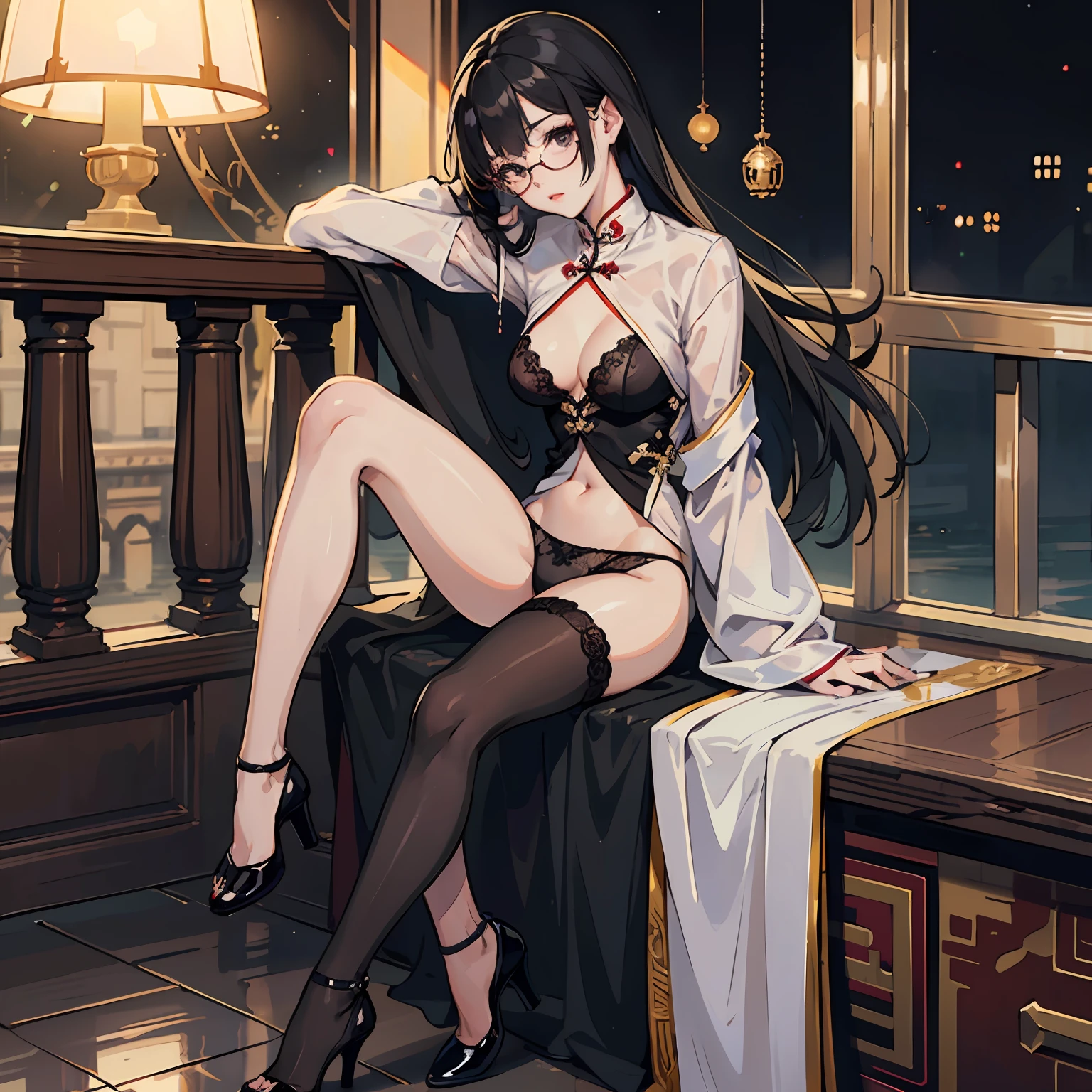 Long black straight hair,wears glasses,Big chest,High-forked cheongsam,Bare chest,Black silk stockings,black heels,Sit on the bridge,Reveals black lace panties and bust --auto