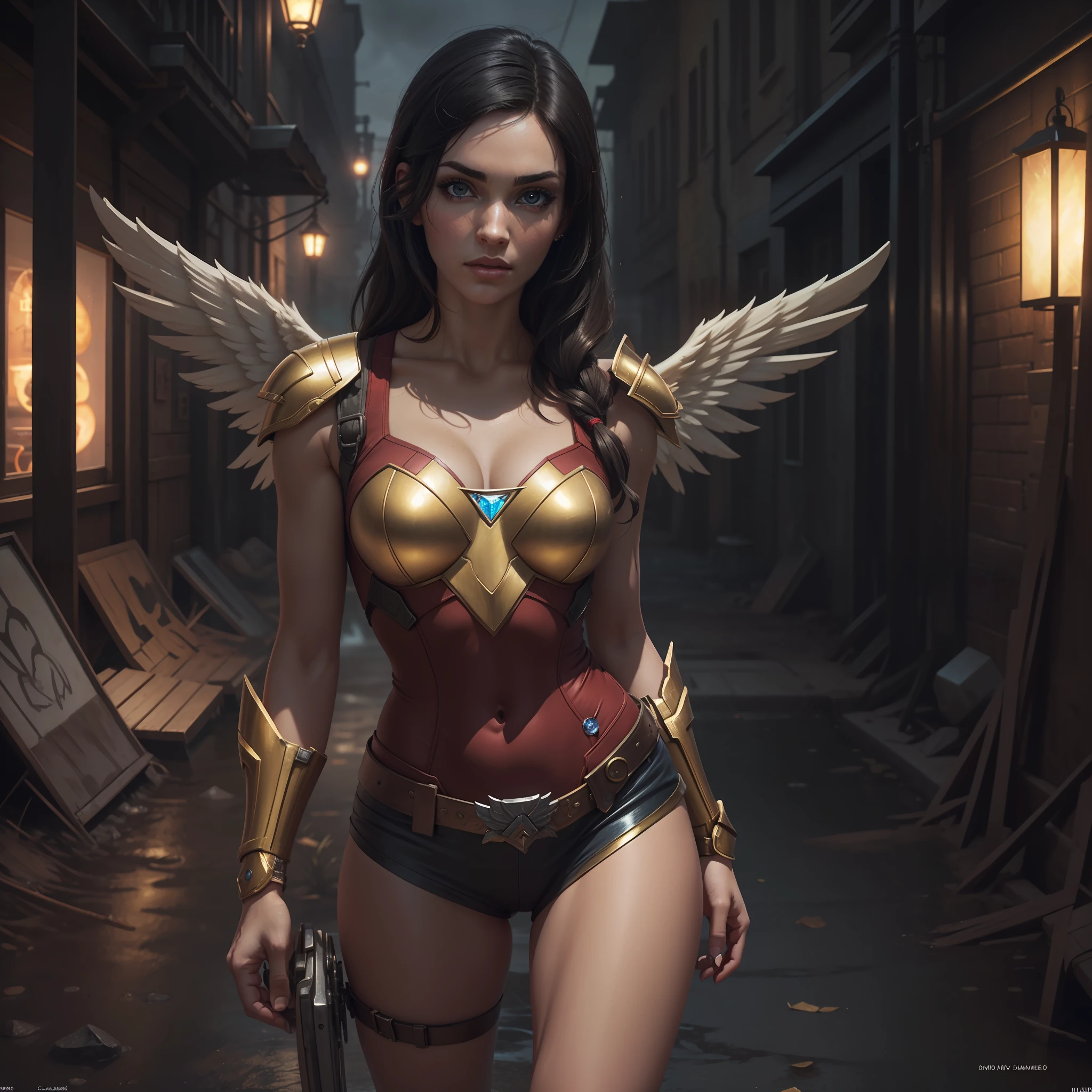 fotorrealista,Realistic illustration in Manga style,((Obra maestra)),((La mejor calidad)),((Ultra detallado)),((1girl)),((solamente)),((waifu:1.5)),Perfect anatomy,Lindo_cara,Exceptionally Beauty waifu Megan Fox como Tifa Lockhart Final Fantasy 7 remake,en cosplay de Wonderwoman y ironman Mark-85,((Golden angel armor with crystal wings)),ropa mojada,minifalda,Calcetines negros,rojo-claro_ojos,cabello ondulado,delineador,Maquillaje lindo,((Ojos detallados perfectos)),Ciudad Cyberpunk,lluvia afuera,noche,((Extremadamente CG Unidad 8K Fondo de pantalla)),Detalles intrincados,Extremely beautiful and aesthetic,Renderizado de octanaje,Retrato de cuerpo entero,damp skin,((Cuerpo detallado perfecto)),