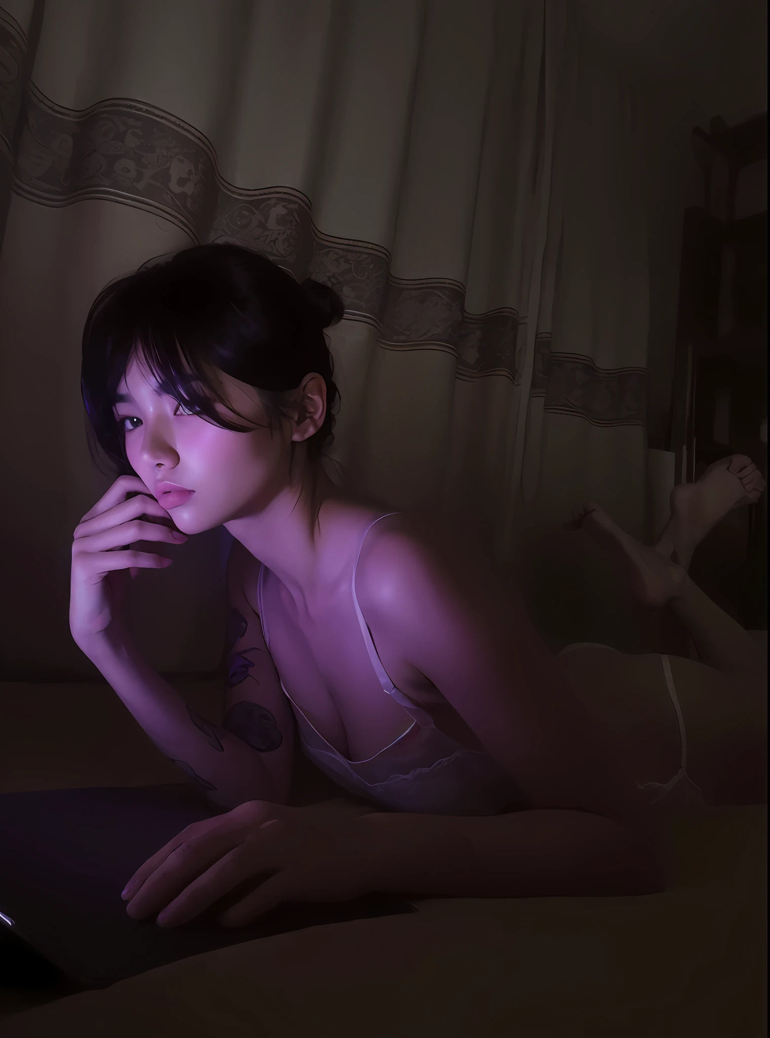 there is a woman that is laying down on a bed,Holding a laptop, xintong chen, posing in bed, late night melancholic photo, gorgeous chinese models, sexy gaze, dreamy night, beautifully soft lit, Attractive pose, thoughtful pose, sexy look at the camera, Very seductive pose
