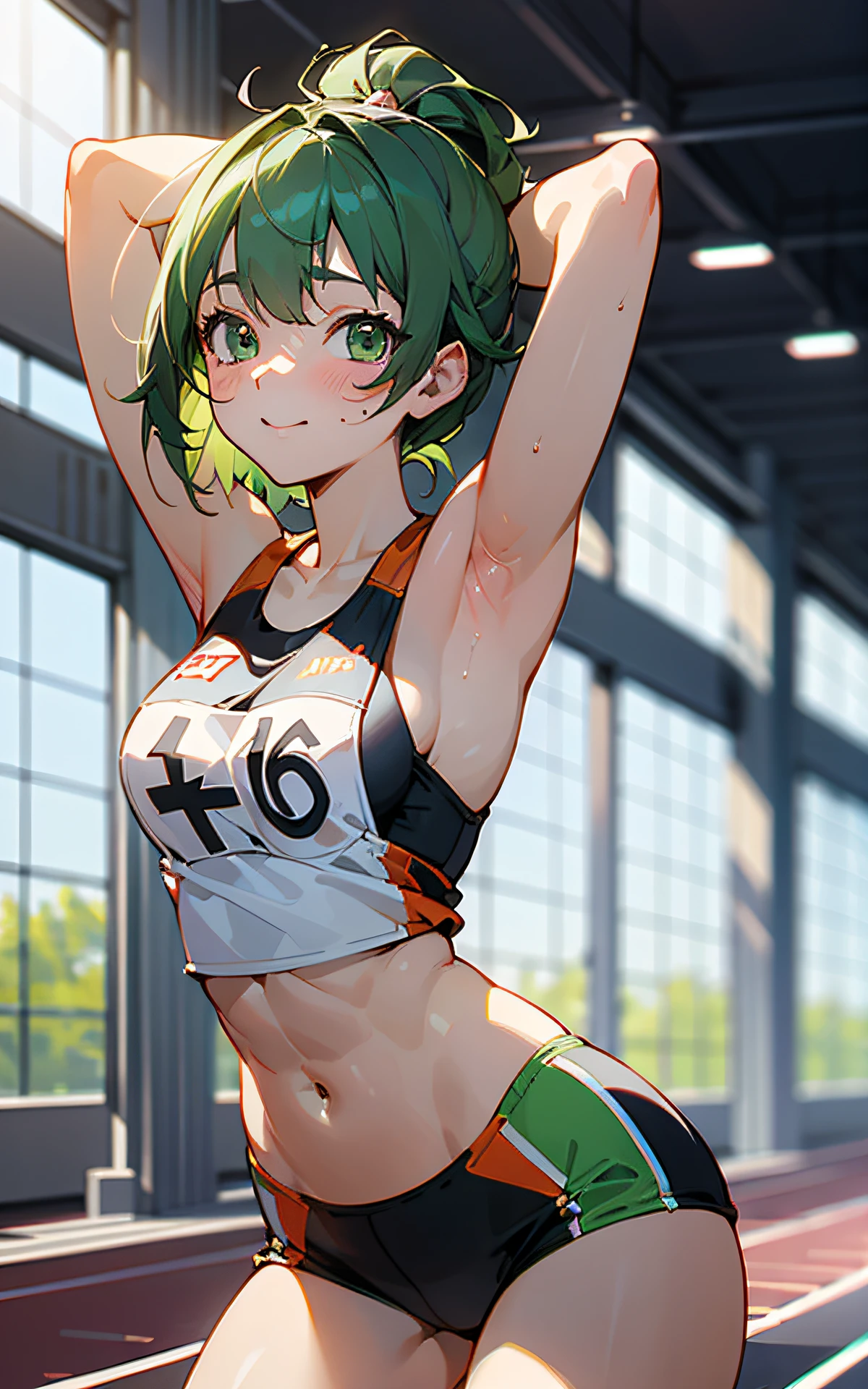 (Original Character、Unity 16K Wallpaper, Masterpiece, Best Quality, Ultra-Detailed, Extremely Detailed CG, Caustics, Cinematic Lighting, Detailed, Beautiful Detailed Eyes, solo), Ultra High Resolution, fine skin, (track and field:1.2) 、(strong light)、oily skin,smile , ( women)、Arena、separate、micro racing bloomers、show off belly,show off neck,sunny day、cowboy shot,blush,green eyes,abs,kawaii,perspired、running shirt,bent over,from behind:1.2,hip focus 、fold arms、green hair