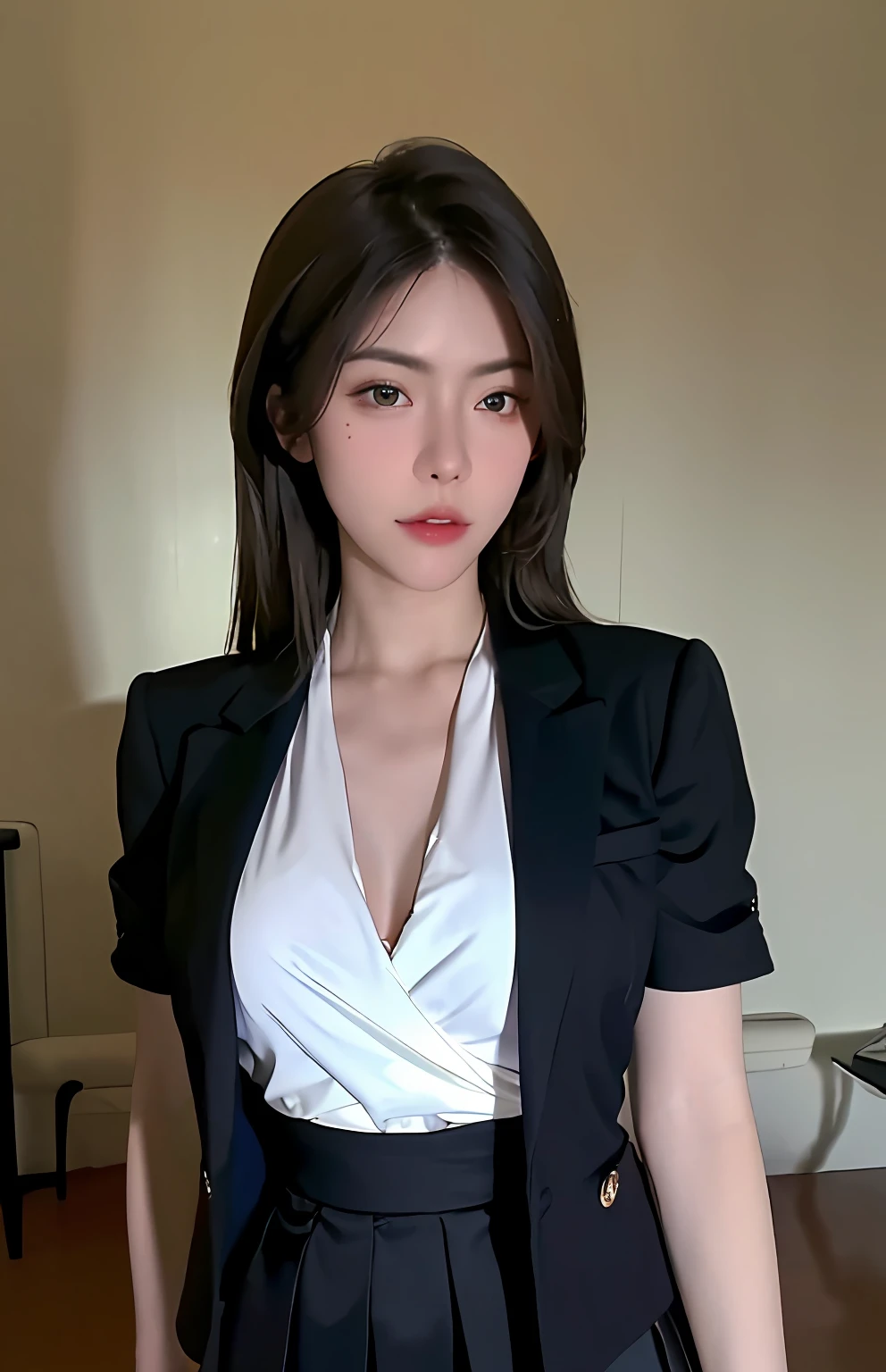 best quality, masterpiece, 1girl, Beautiful face, (photo realistic:1.3), rim lighting, (high detailed skin:1.2), 8k uhd, dslr, high quality, high resolution, 4k, 8k, Bokeh, absurdres, best ratio four finger and one thumb, (realistic:1.3), cute 1girl, wearing black formal blazer, medium breasts, short skirt,