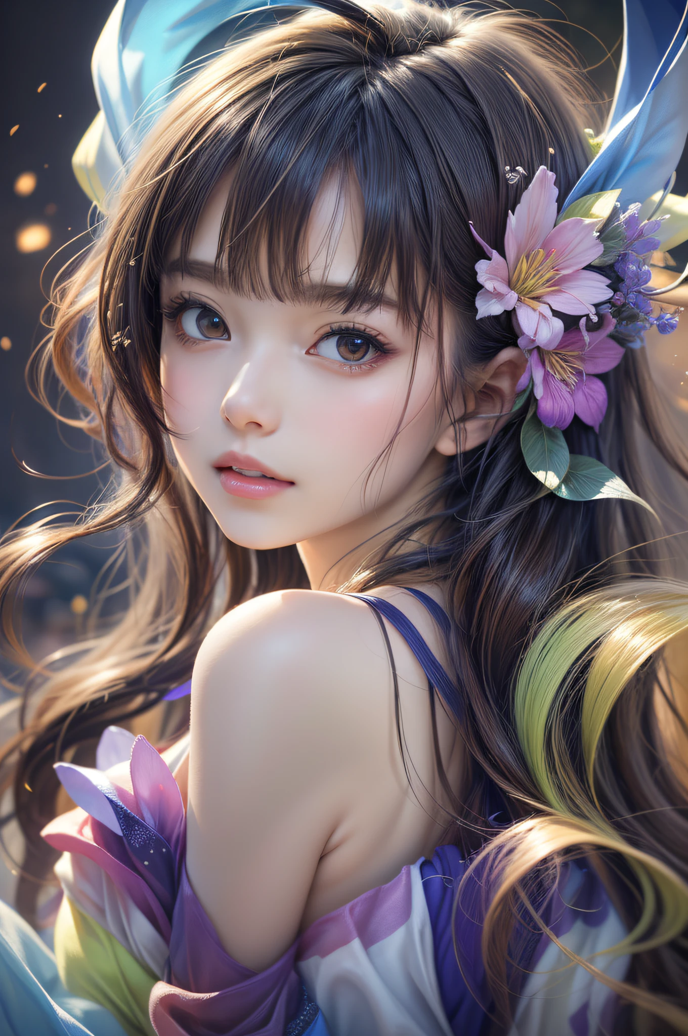 Beautiful girl story wrapped in love, Beautiful eye details, A captivating anime girl gracefully emerges from the pages of a watercolor painting, Her vivid and complex colors are, Bring your artwork to life, (see-through transparent clothes, transparent costume:1.5), She dons an extraordinary fantasy costume adorned with delicate details, reflecting the enchanting world she inhabits, Luminescent elements, like glowing crystals and ethereal wisps, surround her, casting a soft, otherworldly glow,  The style of watercolor painting is、Imbues the image with a sense of fluidity and delicacy, as if the colors are effortlessly blending and bleeding into one another, Camera shot: medium shot, Soft Focus, luminescent glow　Lighting, watercolor brushstrokes, Sophisticated and very delicate anime illustration, unique colors, Portrait of an anime girl, infinite love, rainbow-colored,  beautiful girl illuminated by seven colors of light,