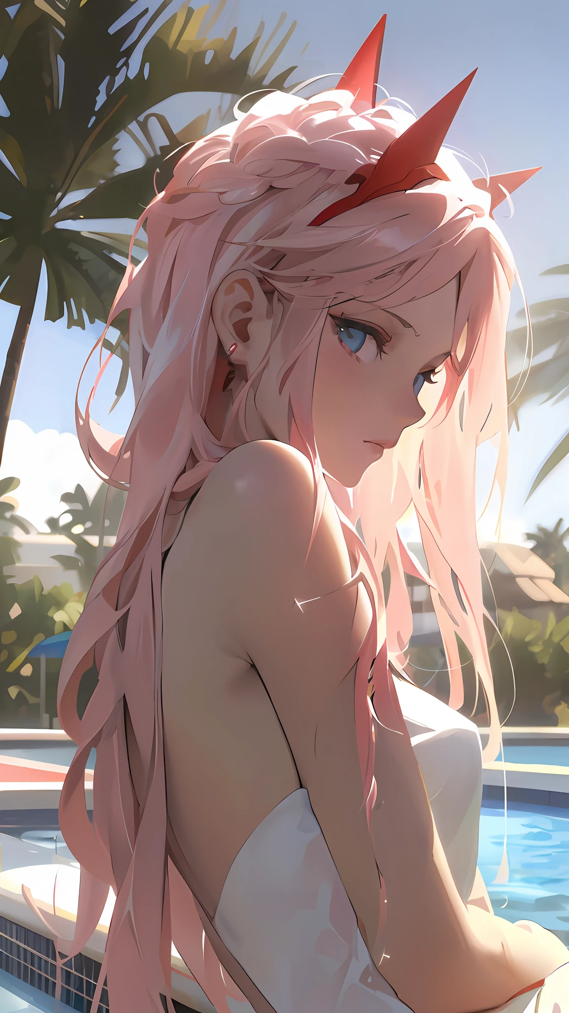 Anime girl with pink hair sitting by pool in palm trees, ross tran. scenery background, Guweiz on ArtStation Pixiv, Guweiz in Pixiv ArtStation, photorealistic anime girl rendering, Guviz-style artwork, Anime. Soft lighting, Smooth anime CG art, 4K anime wallpaper, Beautiful anime girl, Detailed digital anime art