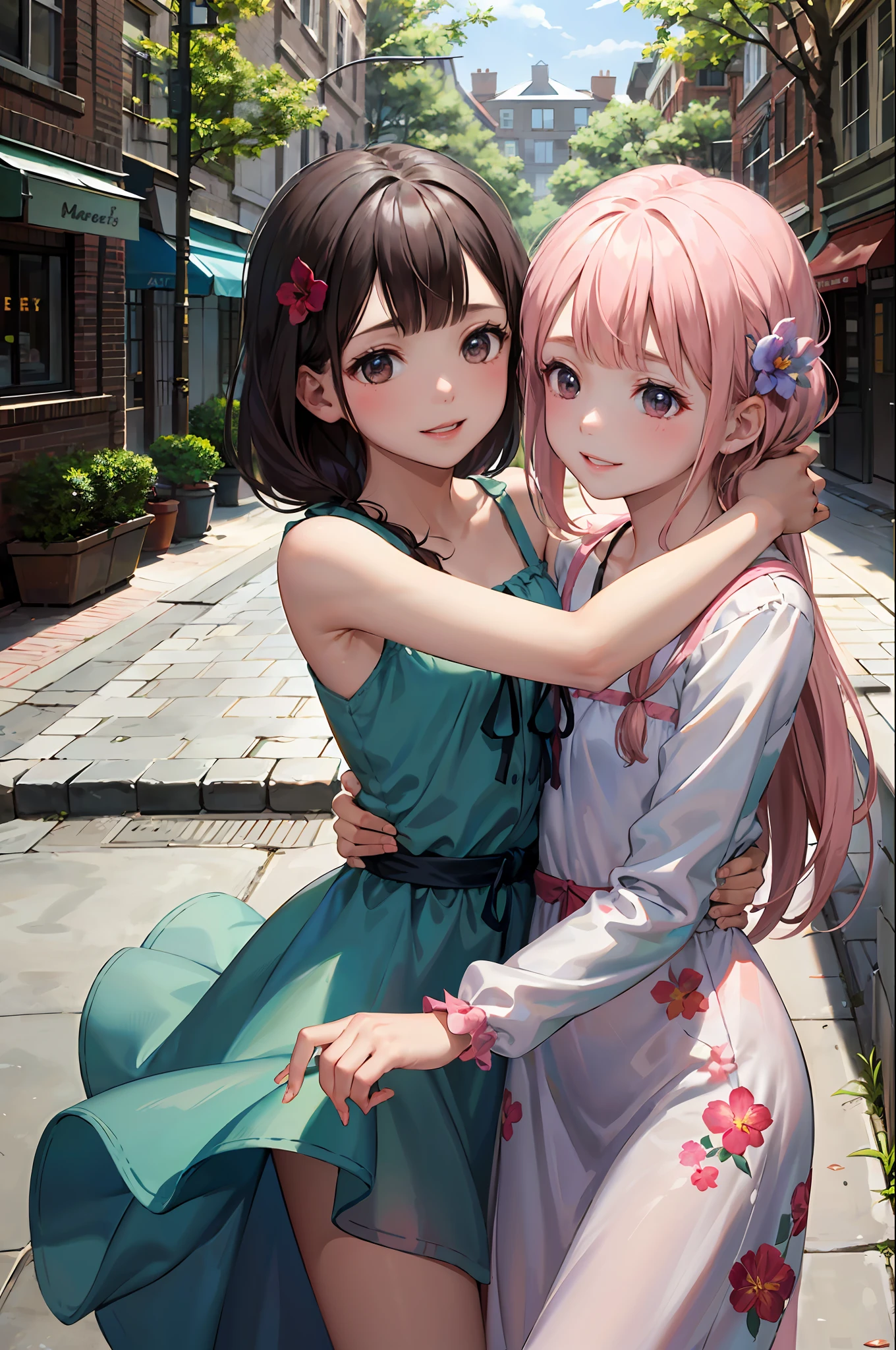 Three girls，Snuggle up to each other，Afternoon in the sun，Wearing a floral dress，Small park downstairs for residents，A half-covered smile，jumpping、hugs、Hand in hand，Happy atmosphere，Depth of field，Ray traching