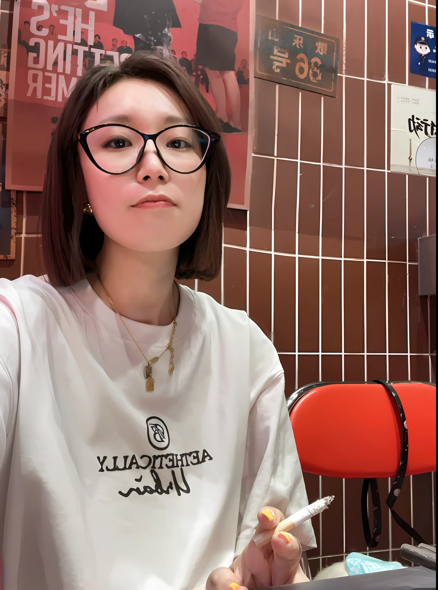 The woman sits at the table,Smoking and laptop, wearing thin large round glasses, wenfei ye, wearing small round glasses, Choi Hyun-hwa, xintong chen, She is seen wearing streetwear pieces, Gemma Chen, a girl with round glasses, jaeyeon nam, lulu chen, chengyou liu, wenjun lin, Yoshitomo Nara