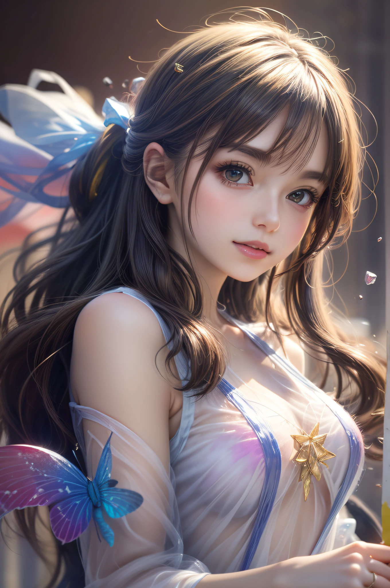 Beautiful girl story wrapped in love, Beautiful eye details, A captivating anime girl gracefully emerges from the pages of a watercolor painting, Her vivid and complex colors are, Bring your artwork to life, (see-through transparent clothes, transparent costume:1.5), She dons an extraordinary fantasy costume adorned with delicate details, reflecting the enchanting world she inhabits, Luminescent elements, like glowing crystals and ethereal wisps, surround her, casting a soft, otherworldly glow, The style of watercolor painting is、Imbues the image with a sense of fluidity and delicacy, as if the colors are effortlessly blending and bleeding into one another, Camera shot: medium shot, Soft Focus, luminescent glow Lighting, watercolor brushstrokes, Sophisticated and very delicate anime illustration, unique colors, Portrait of an anime girl, infinite love, rainbow-colored, beautiful girl illuminated by seven colors of light,