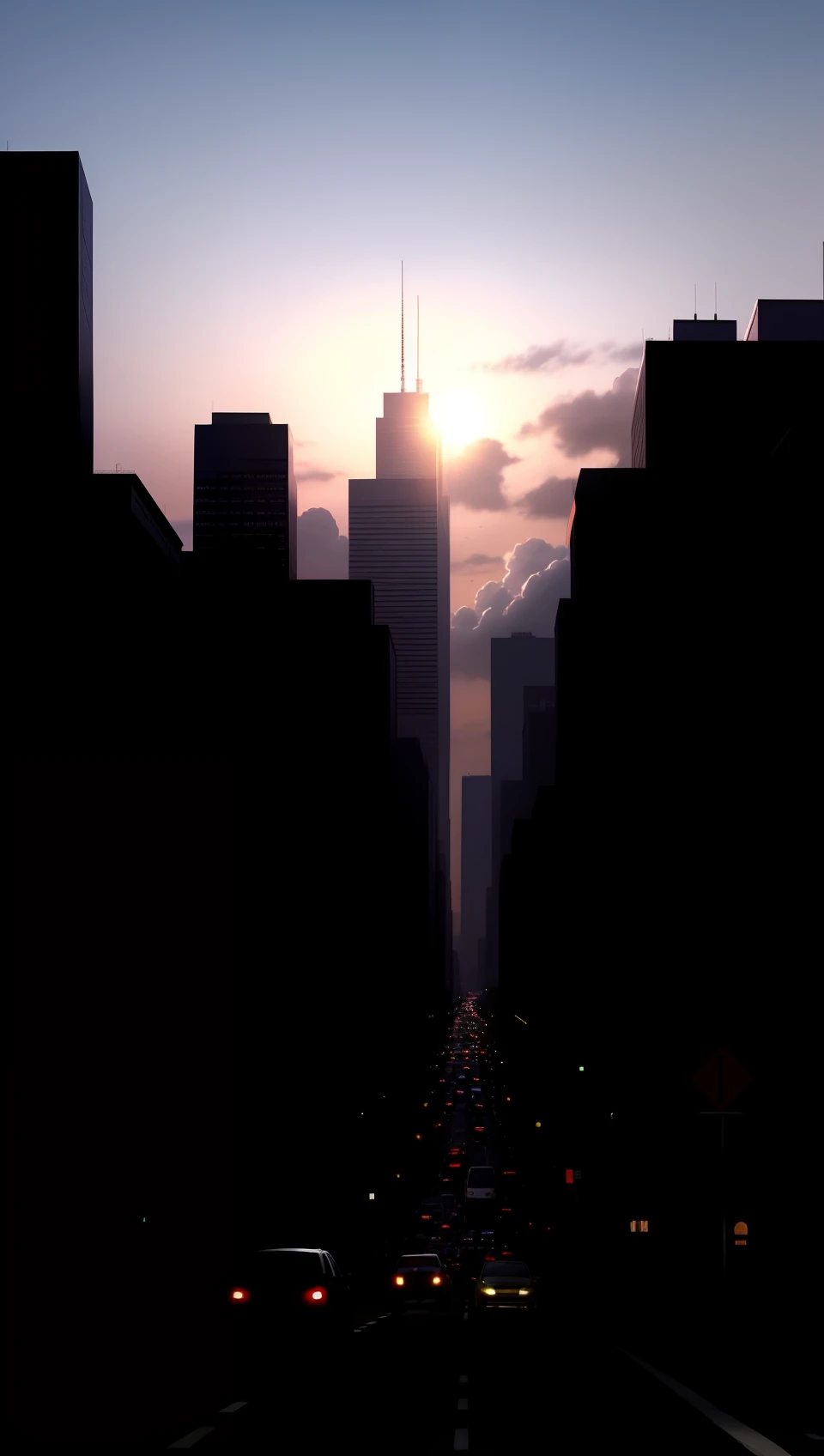 The sun shines on the traffic-filled roads(weights:1.5),The road is illuminated,"(Most Best Illustration, Hyper-detailing, Extremely Delicately Beautiful),city morning,Illuminated by soft sunlight,Depicting the tranquil and beautiful silhouette of the city。The visual perspective is soft,The structural contours of the building are clearly visible,Neat and realistic。There are many colorful clouds in the picture(weights:1.2)and blue sky clouds(weights:1.3),The sun shines on the traffic-filled roads(weights:1.5),Create a wide field of view。The vehicle has a clear profile,The road is clearly visible,The details are fine and realistic。The illuminated path is clearly visible,A silhouette reflected by sunlight,High-quality visuals are highlighted overall。"The vehicle is clearly visible,The outline of the building is clearly visible,Sunlight shines,The sun shines on the road,There is sunlight inside the car。There is no sun in the sky,Only bright light,