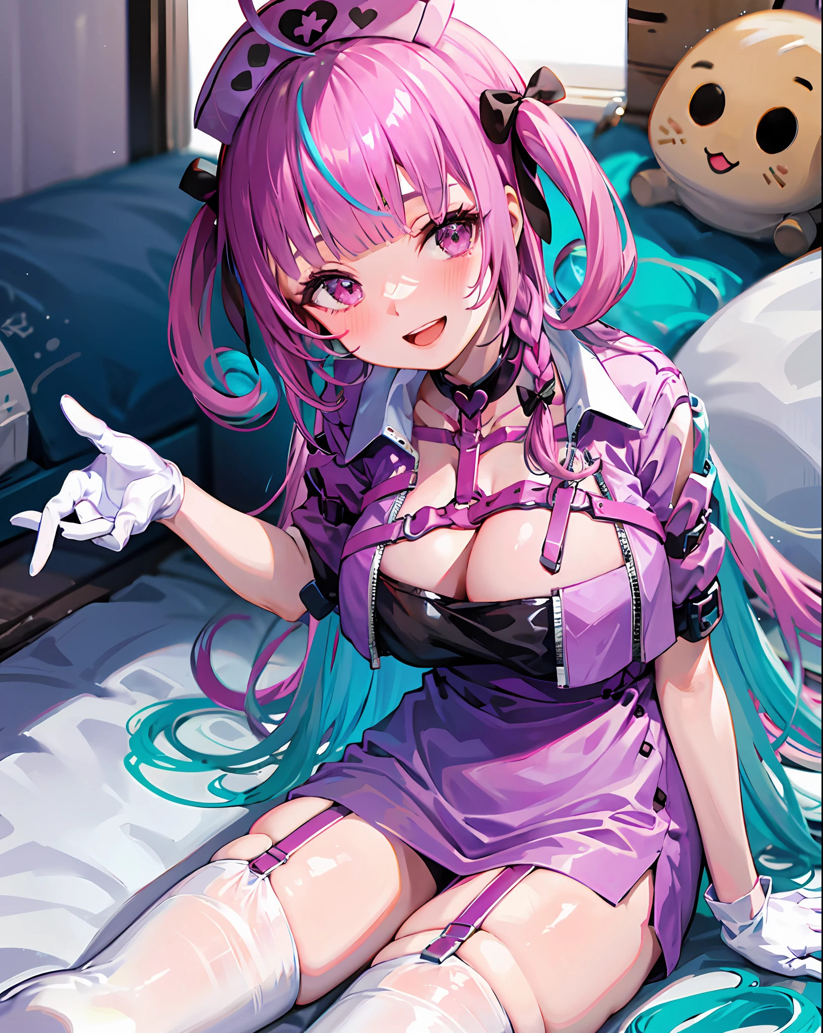 aquanurse, nurse cap, 1girl, breasts, looking at viewer,(white thighhighs), cleavage, large breasts, smile, open mouth, blush, braid, open clothes, solo, ahoge, sitting, open jacket, :d,  garter straps, 
 white gloves,