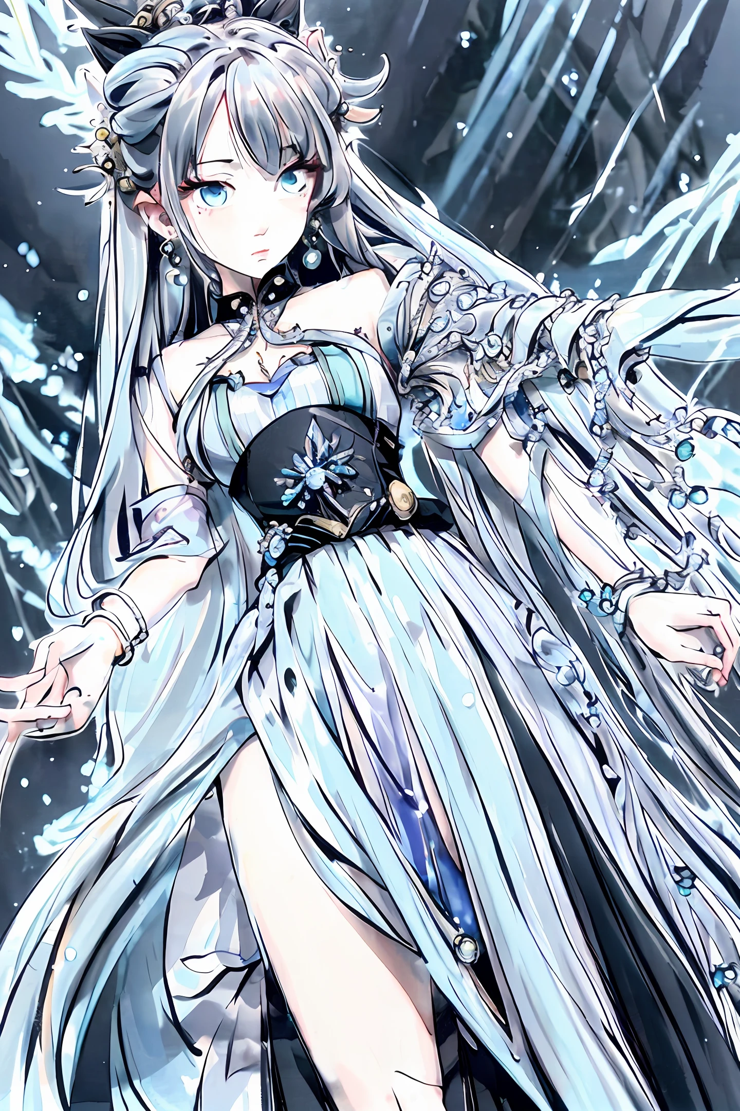 Antique plain long dress,The skirt is embellished with small cyan flowers,There are several jasmine flowers on the left waist,Black waist-length hair,Sky blue crystal earrings on the right ear,Light blue eyes,Wear a sky blue crystal bracelet on your left wrist