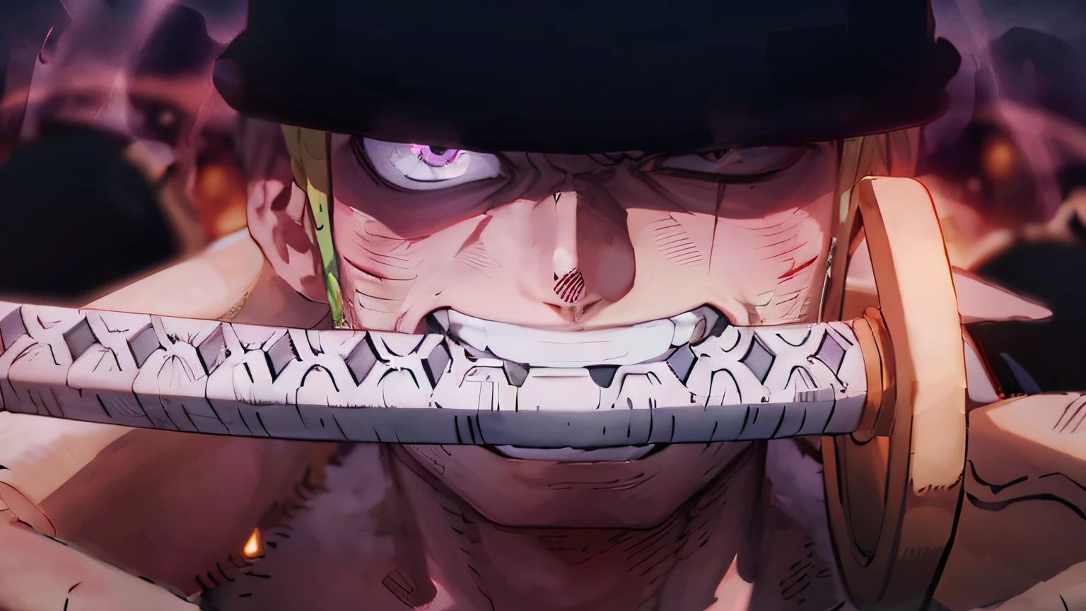 The anime character has a knife in his mouth,With a hat on, from one piece, Roronoa Zoro, gyro zeppeli, menacing look, luffy gear 5, roguish smirk, screenshot from black clover, joker looks like naruto, Kimetsu no yaiba, it has a piercing gaze