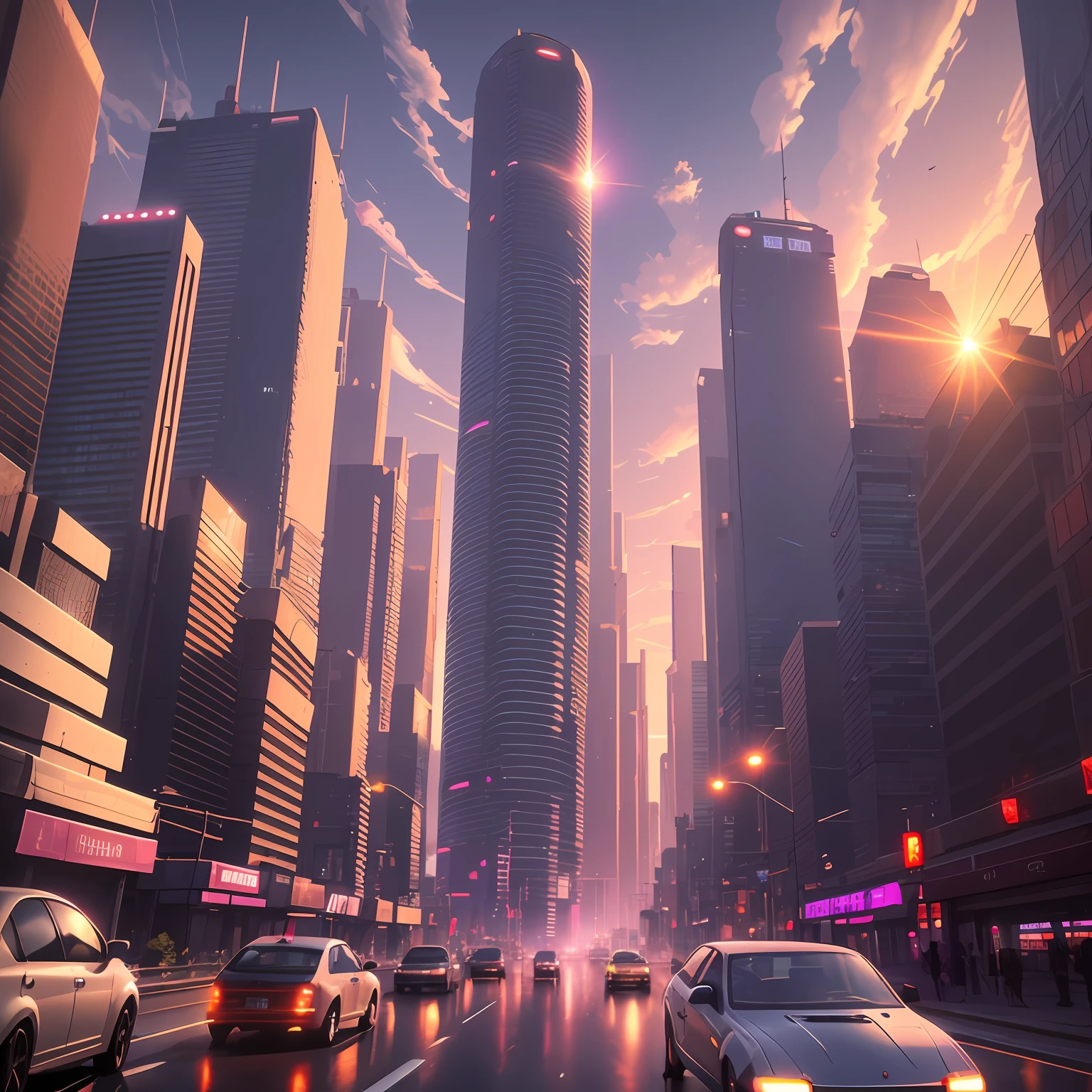 at dusk at golden hour，Cars drive on city streets lined with high-rise buildings, hyper realistic cyberpunk city, futuristic city street, in a futuristic cyberpunk city, cyberpunk city street, Futuristic city landscape, Futuristic city landscape, cyberpunk city street background, cyberpunk city landscape, Sci-Fi Cyberpunk City Street, 3 d render beeple, futuristic street, beautiful cyberpunk city, cyberpunk city landscape --auto