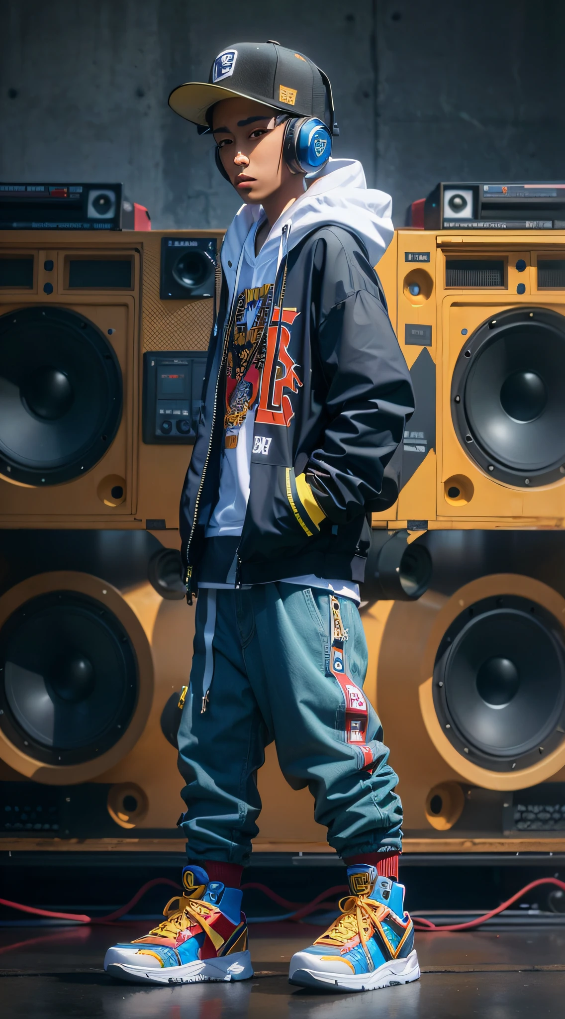 Man with hood and cap standing in front of nama boombox, estilo hip hop, hip-hop narbano inspirado, Hip-hop, Rap, 9 0 s hip - moda hop, Retrato no meio da foto, japanese streetwear, highdetailed, gangsta robot Hip-hop, h. na. d, HIP - HOP, hip-hop, Lookbook, streetwear, teddy fresh, hip hop aesthetic