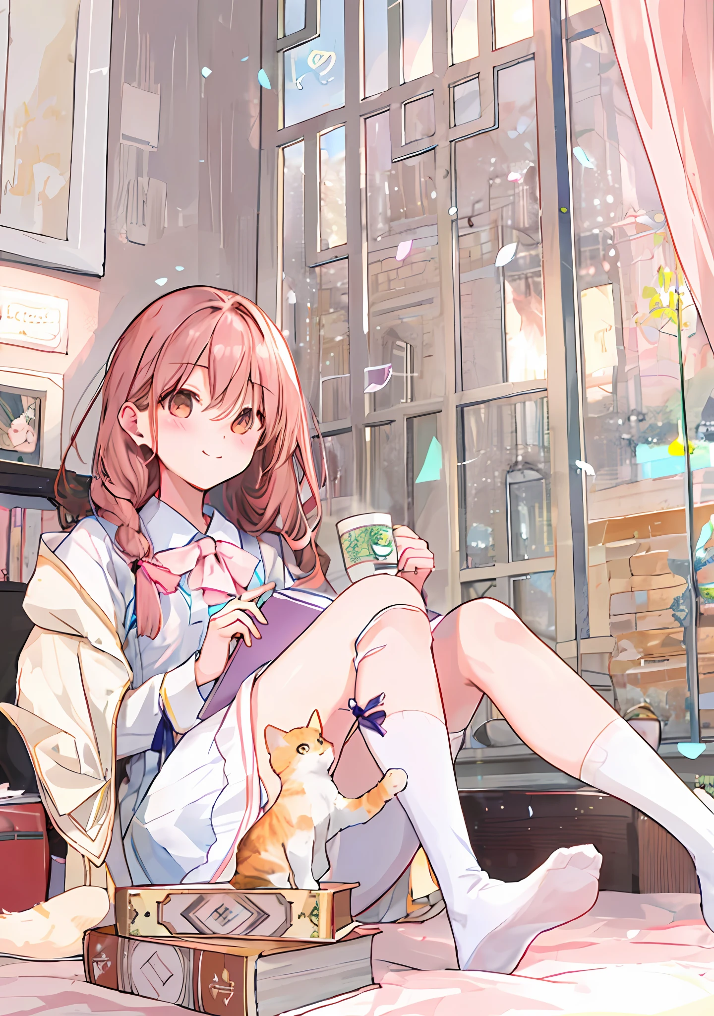 high quality, girl, long hair, smiling, blush, high socks, legs, book, coffee, cat, aesthetic lighting, good lighting, realistic lighting, good composition