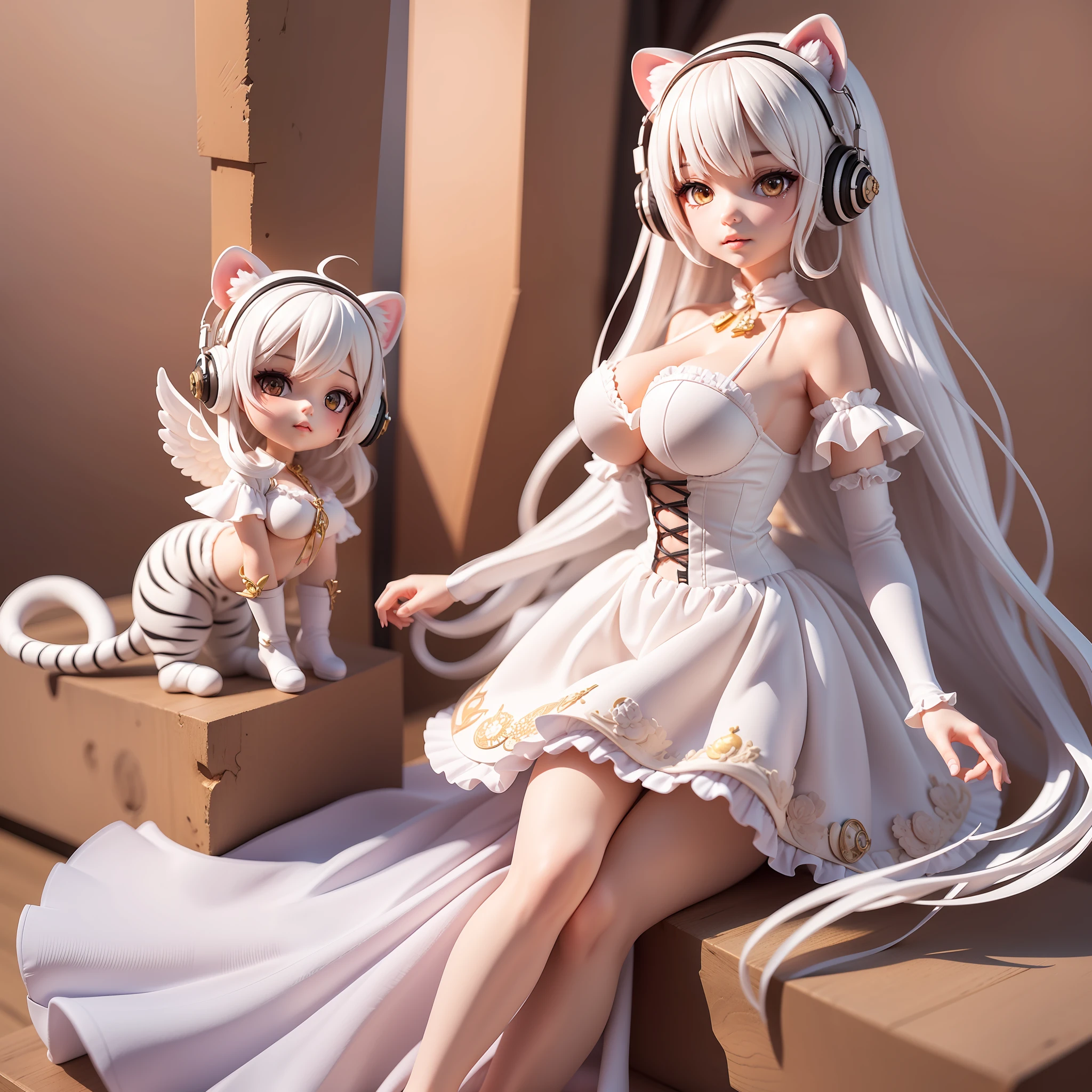 masutepiece, Best Quality, Lots of detail, (Full body:1.2), Chibi, White Tiger Girl, White hair, Magic Dress, light headphones, 3D Rendering, Q printmaking style　angelicales　pluma　huge tit　lolita　Rosa