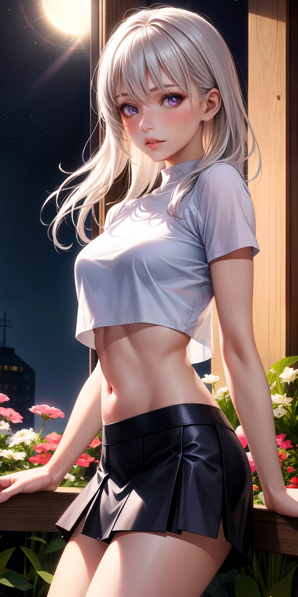 realistic, 1girl, white hair, purple eyes, glowing eyes, crop top, skirt, parted lips, blush, night, flowers, sun, sunlight,