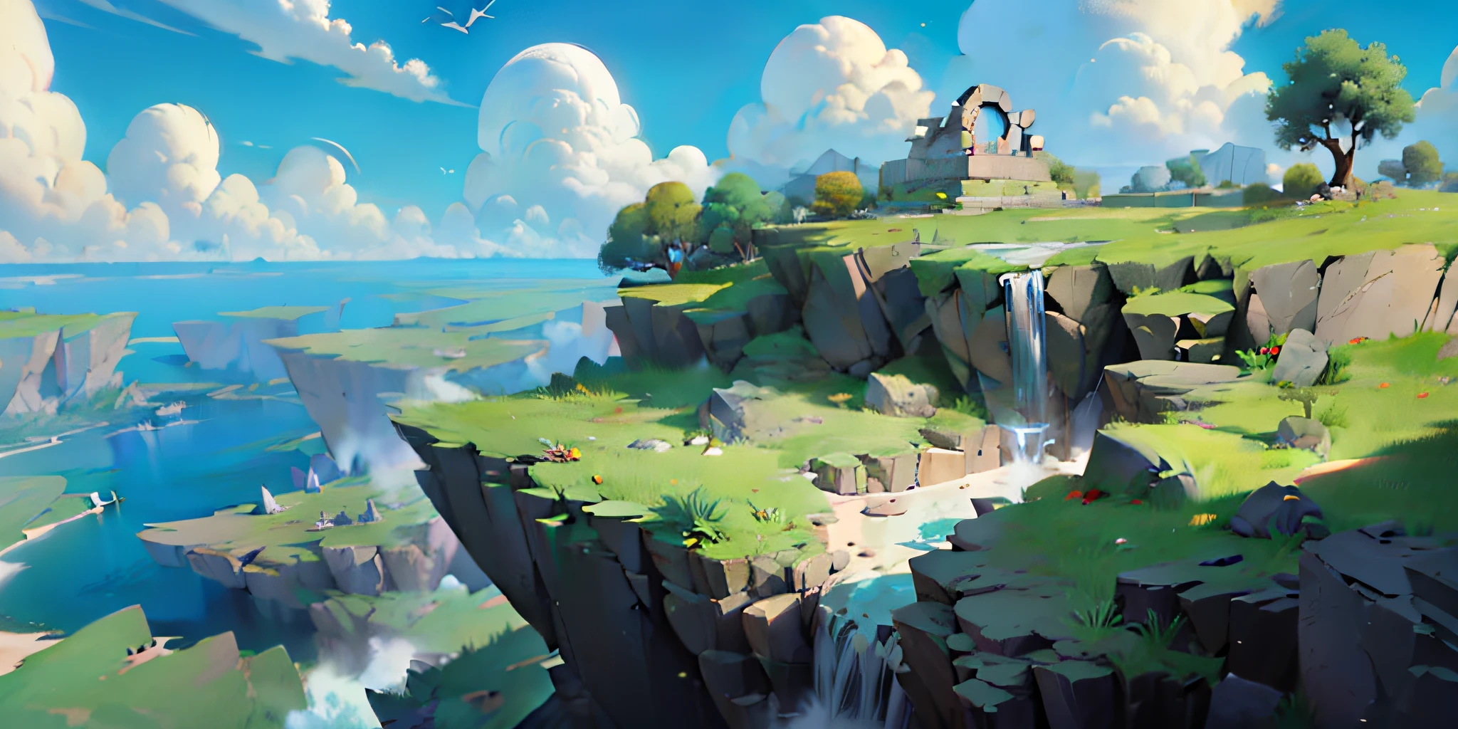 ({{highres,}},masterpiece,ultra-detailed,best quality,8k),cloud, cloudy_sky, day, sky, blue_sky, scenery, mountain, flower, grass, horizon, outdoors, field, landscape, mountainous_horizon, no_humans, ocean, flower_field, plant, cliff, building, hill, waterfall, ruins, vines, bush, tower, water, nature, river, tree, rock