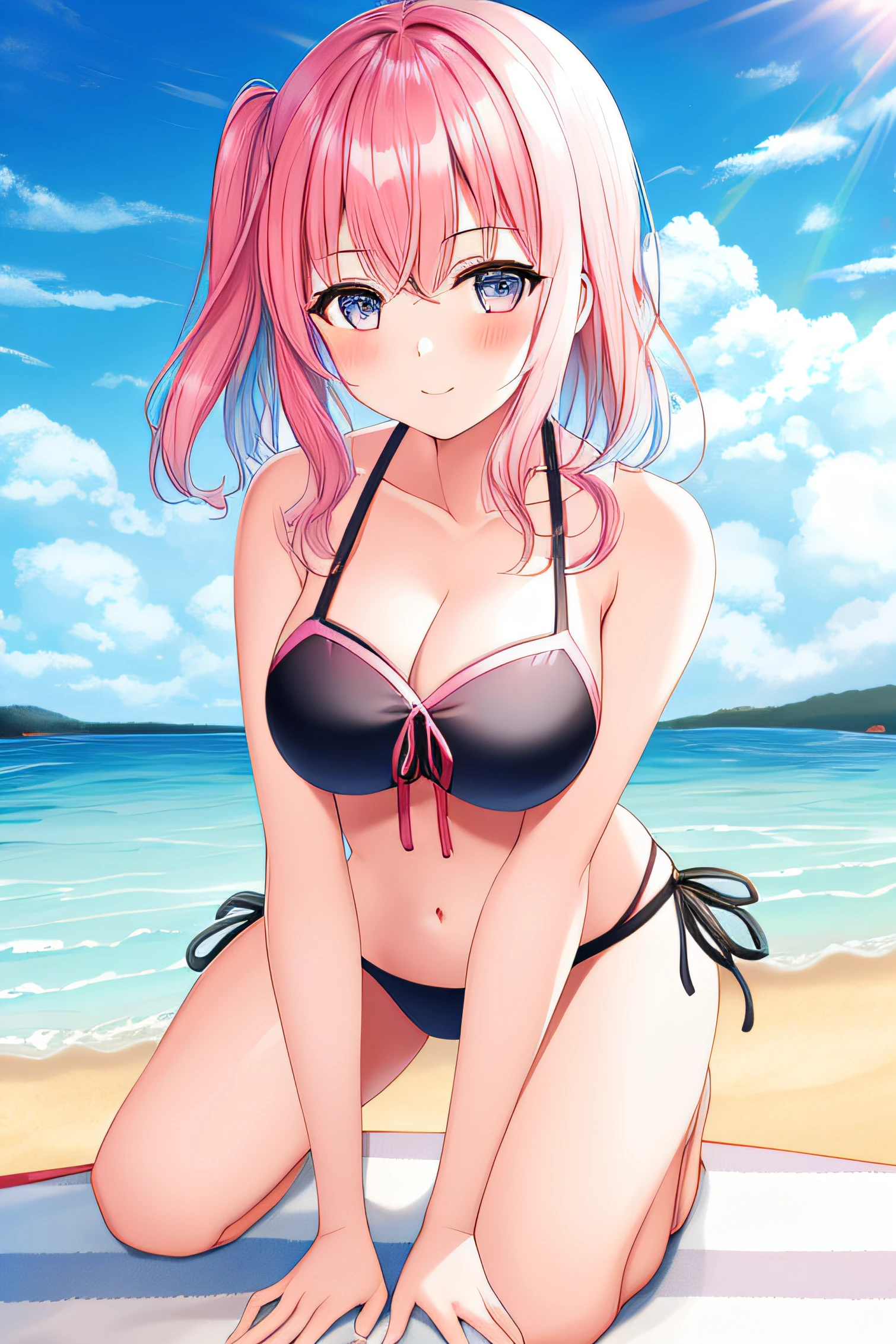 1girl in,Pink hair, the beach,