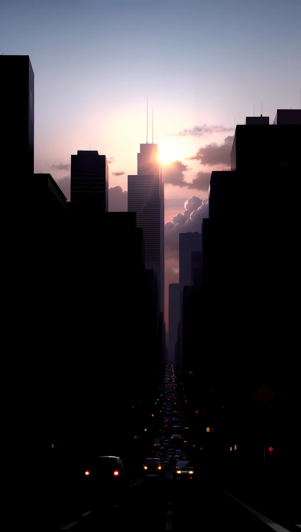 The sun shines on the traffic-filled roads(weights:1.5),The road is illuminated,"(Most Best Illustration, Hyper-detailing, Extremely Delicately Beautiful),city morning,Illuminated by soft sunlight,Depicting the tranquil and beautiful silhouette of the city。The visual perspective is soft,The structural contours of the building are clearly visible,Neat and realistic。There are many colorful clouds in the picture(weights:1.2)and blue sky clouds(weights:1.3),The sun shines on the traffic-filled roads(weights:1.5),Create a wide field of view。The vehicle has a clear profile,The road is clearly visible,The details are fine and realistic。The illuminated path is clearly visible,A silhouette reflected by sunlight,High-quality visuals are highlighted overall。"The vehicle is clearly visible,The outline of the building is clearly visible,Sunlight shines,The sun shines on the road,There is sunlight inside the car。There is no sun in the sky,Only bright light,