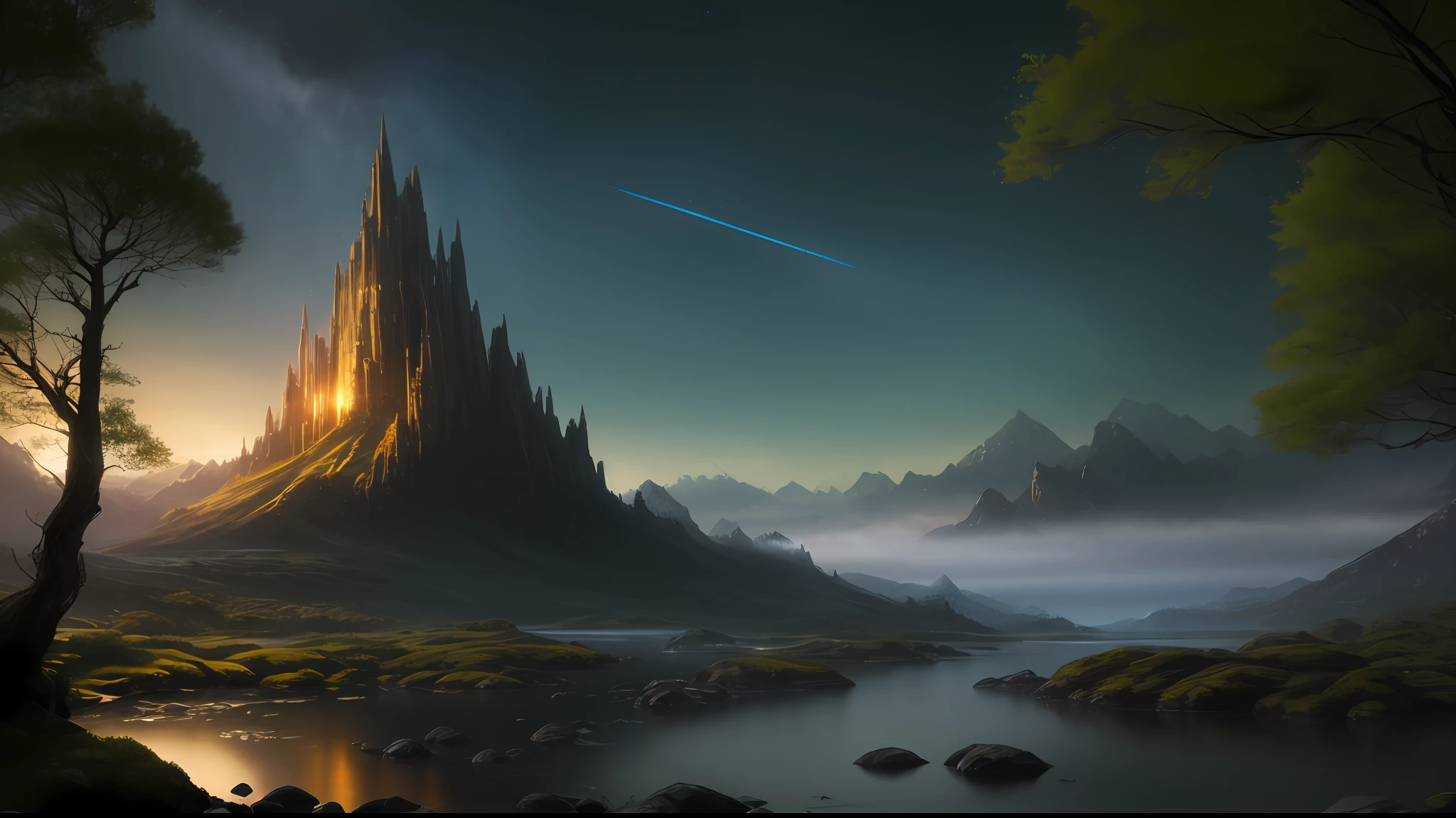 Dawn time，The sun rises slowly，The sun and mountains are reflected in the lake，Highly detailed digital art in 4K，8K stunning artwork，4K detailed digital art，8k high quality detail art，Dammford and Albert Bierstadt，Epic fantasy science fiction illustration，Anton Fadeev and Dammenford，Sci-fi fantasy wallpaper，impressive fantasy landscape，8K HD wallpaper digital art --auto --s2