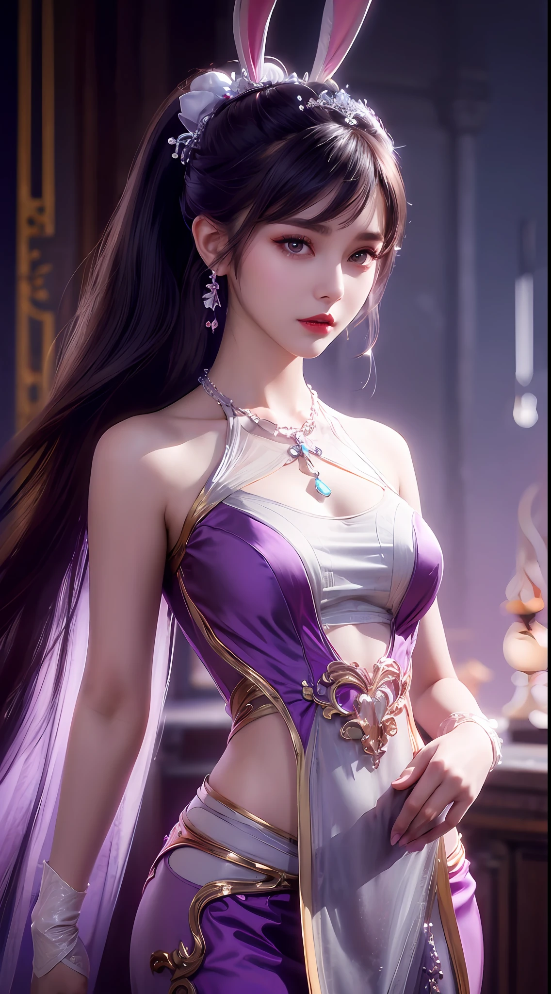 1 beautiful girl in Han costume, thin purple silk shirt with white color with many textures, white lace top, long platinum purple ponytail, hair jewelry, ear jewelry, light purple rabbit ears, necklace and necklace, meticulously drawn large purple eyes, meticulous makeup, thin eyebrows, high nose, lovely red lips, not smiling, pursed lips, rosy cheeks, wide breasts, big breasts , well-proportioned bust, slim waist, purple mesh socks, chinese hanfu style, fictitious art textures, vivid and realistic colors, RAW photos, realistic photos, ultra high quality 8k surreal photos, (effective fantasy light effect: 1.8), 10x pixel, magic effect (background): 1.8), super detailed eyes, girl body portrait, solo girl, ancient hanfu background,