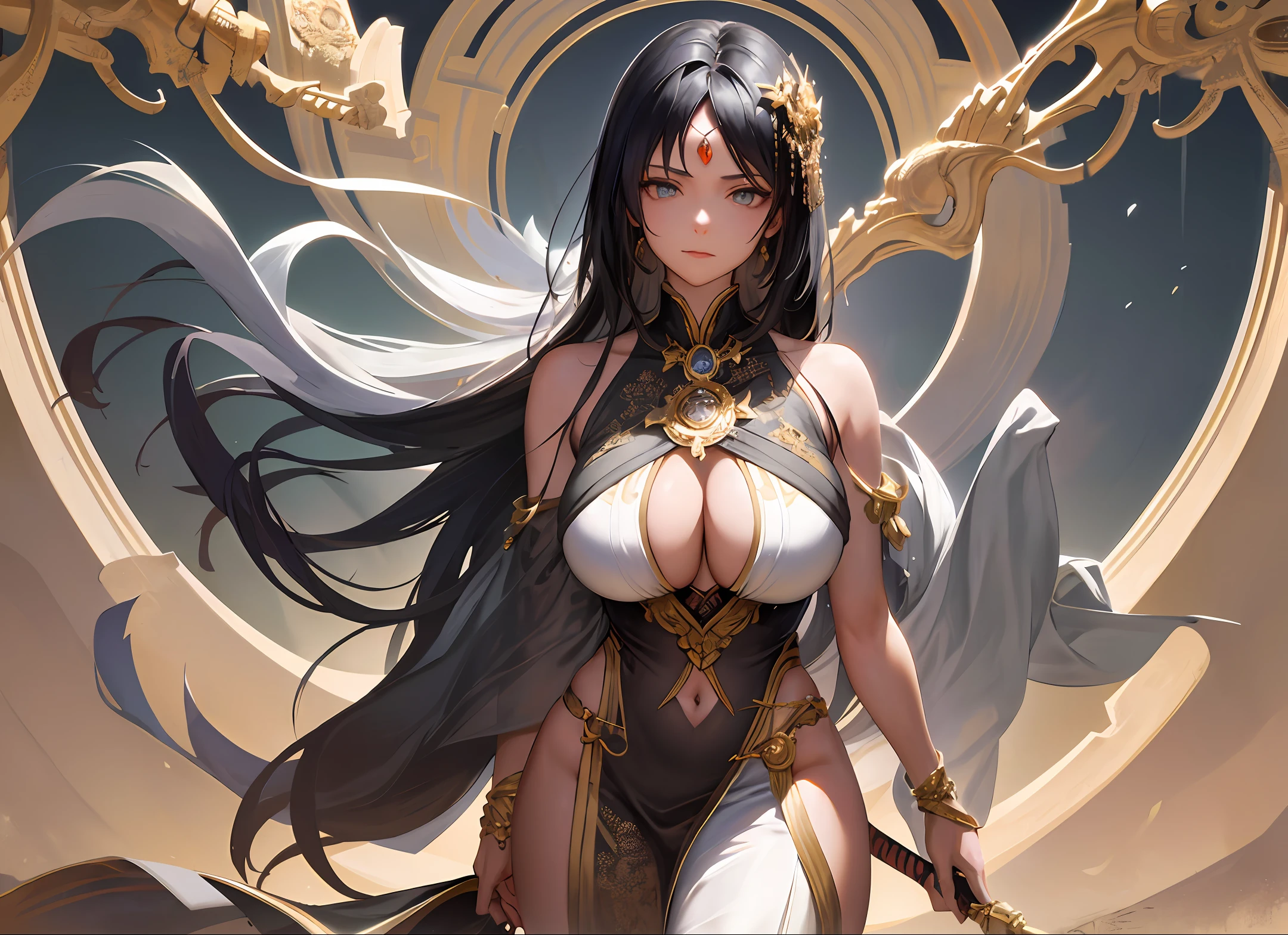 masterpiece, best quality, ultra-detailed, 1girl, solo, looking at viewer, (curvy:1.1), large breasts, black hair, long hair, hair over one eye, (wavy hair:1.1), yellow eyes,, (breasts apart:1.3), groin, (pasties:1.3), neck ring, armlet, bracelet, (thighlet:1.2), (white veil:1.2), (hair ornament:1.1), navel piercing, (chain:1.1), (gold:1.3), (gold trim:1.2), rose, sweat, spread legs, sitting, arm up, full body, anklet, barefoot, on bed