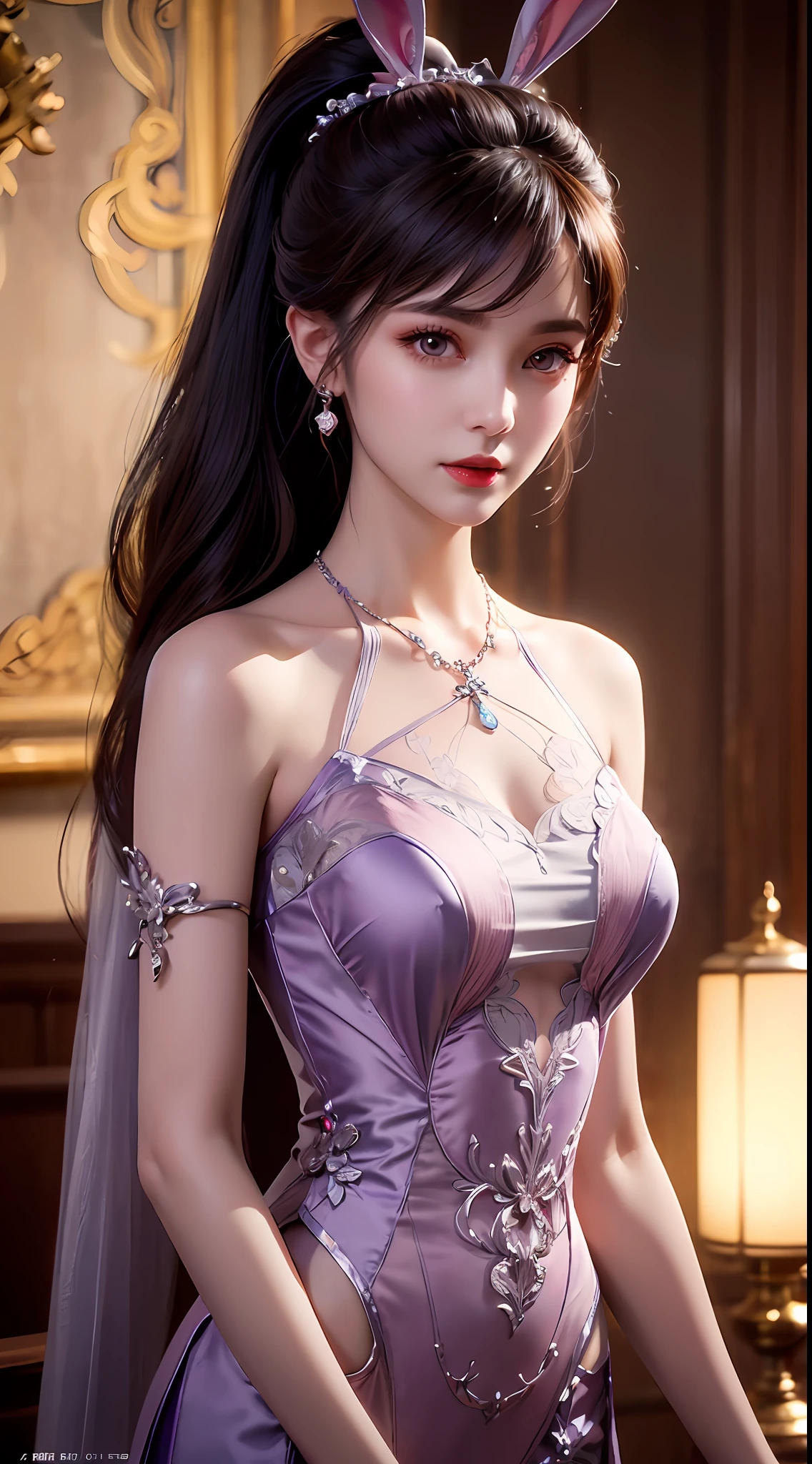 1 beautiful girl in Han costume, thin purple silk shirt with white color with many textures, white lace top, long platinum purple ponytail, hair jewelry, ear jewelry, light purple rabbit ears, necklace and necklace, meticulously drawn large purple eyes, meticulous makeup, thin eyebrows, high nose, lovely red lips, not smiling, pursed lips, rosy cheeks, wide breasts, big breasts , well-proportioned bust, slim waist, purple mesh socks, chinese hanfu style, fictitious art textures, vivid and realistic colors, RAW photos, realistic photos, ultra high quality 8k surreal photos, (effective fantasy light effect: 1.8), 10x pixel, magic effect (background): 1.8), super detailed eyes, girl body portrait, solo girl, ancient hanfu background,