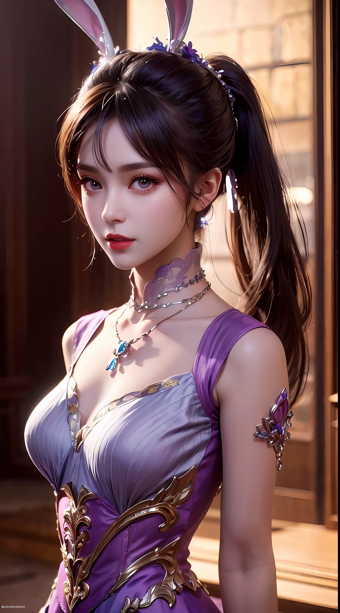 1 beautiful girl in Han costume, thin purple silk shirt with white color with many textures, white lace top, long platinum purple ponytail, hair jewelry, ear jewelry, light purple rabbit ears, necklace and necklace, meticulously drawn large purple eyes, meticulous makeup, thin eyebrows, high nose, lovely red lips, not smiling, pursed lips, rosy cheeks, wide breasts, big breasts , well-proportioned bust, slim waist, purple mesh socks, chinese hanfu style, fictitious art textures, vivid and realistic colors, RAW photos, realistic photos, ultra high quality 8k surreal photos, (effective fantasy light effect: 1.8), 10x pixel, magic effect (background): 1.8), super detailed eyes, girl body portrait, solo girl, ancient hanfu background,