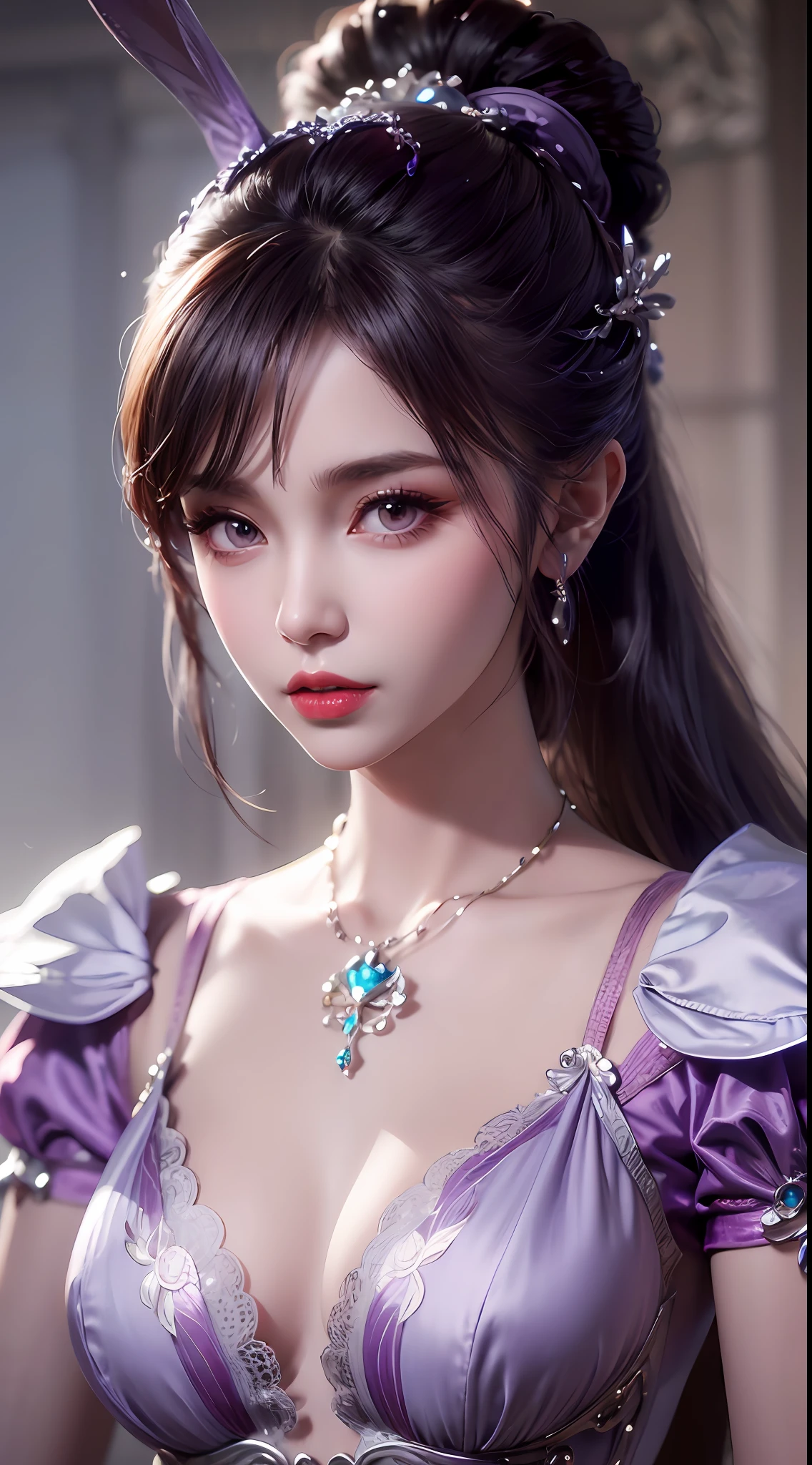 1 beautiful girl in Han costume, thin purple silk shirt with white color with many textures, white lace top, long platinum purple ponytail, hair jewelry, ear jewelry, light purple rabbit ears, necklace and necklace, meticulously drawn large purple eyes, meticulous makeup, thin eyebrows, high nose, lovely red lips, not smiling, pursed lips, rosy cheeks, wide breasts, big breasts , well-proportioned bust, slim waist, purple mesh socks, chinese hanfu style, fictitious art textures, vivid and realistic colors, RAW photos, realistic photos, ultra high quality 8k surreal photos, (effective fantasy light effect: 1.8), 10x pixel, magic effect (background): 1.8), super detailed eyes, girl body portrait, solo girl, ancient hanfu background,