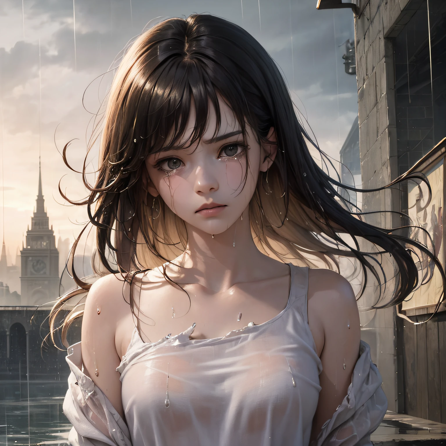 Best Quality, Masterpiece, Ultra High Resolution, (Fidelity: 1.4), Photo, 1 Girl, [(sad)], white shirt, dim, dark, despair, pity, pitiful, movie, tears, teardrops, (torn clothes: 1.5), (wet clothes: 1.4), bare shoulders, real rain, wet hair --auto