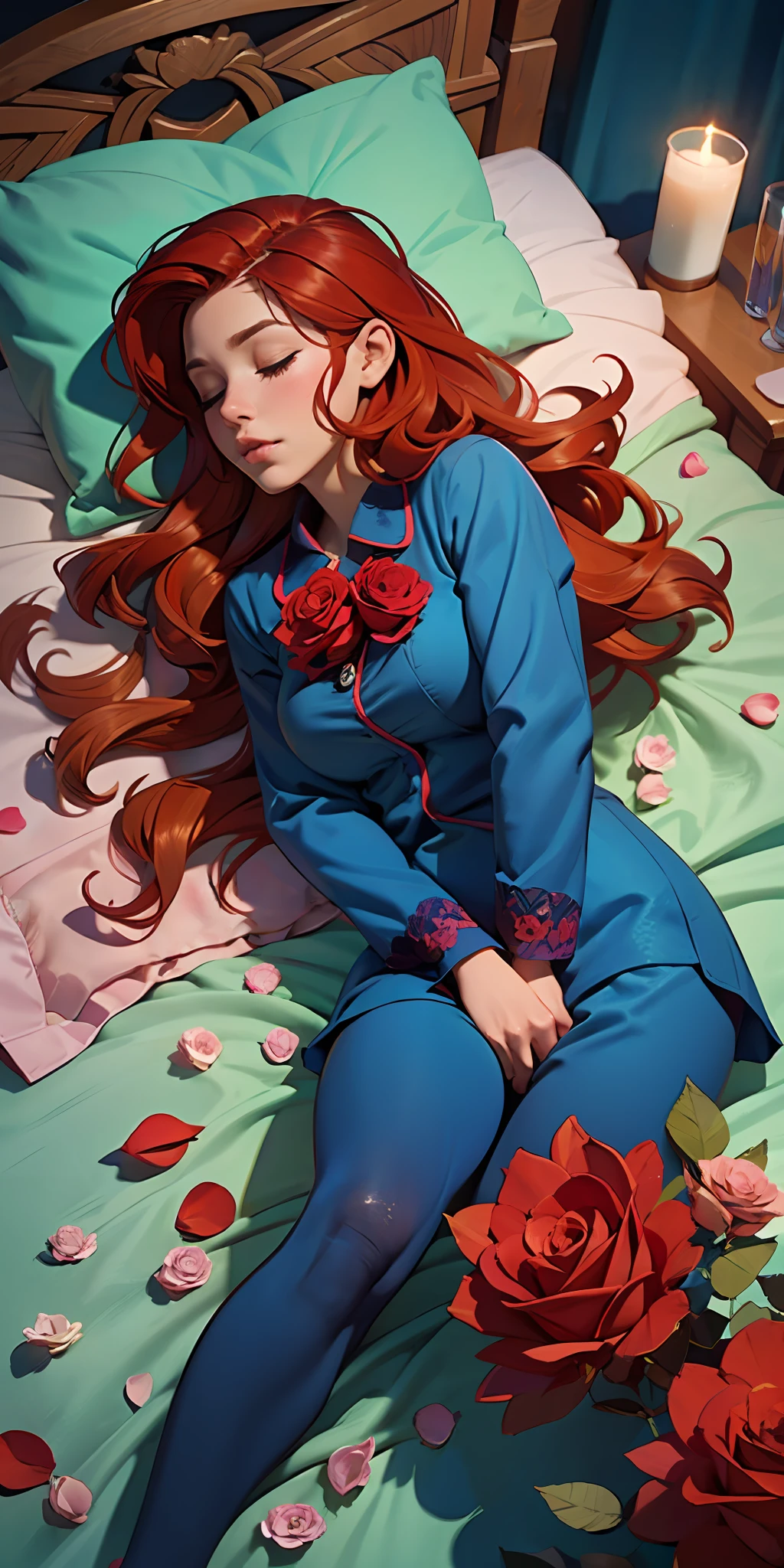 The Sleeping Woman, Realistic, She is dressed in pajamas, red hair color, parallax, Ultra Hyper Mega Contrast, sleeps on a gorgeous bed, covered with rose petals, tmasterpiece, Winner of the photo contest
