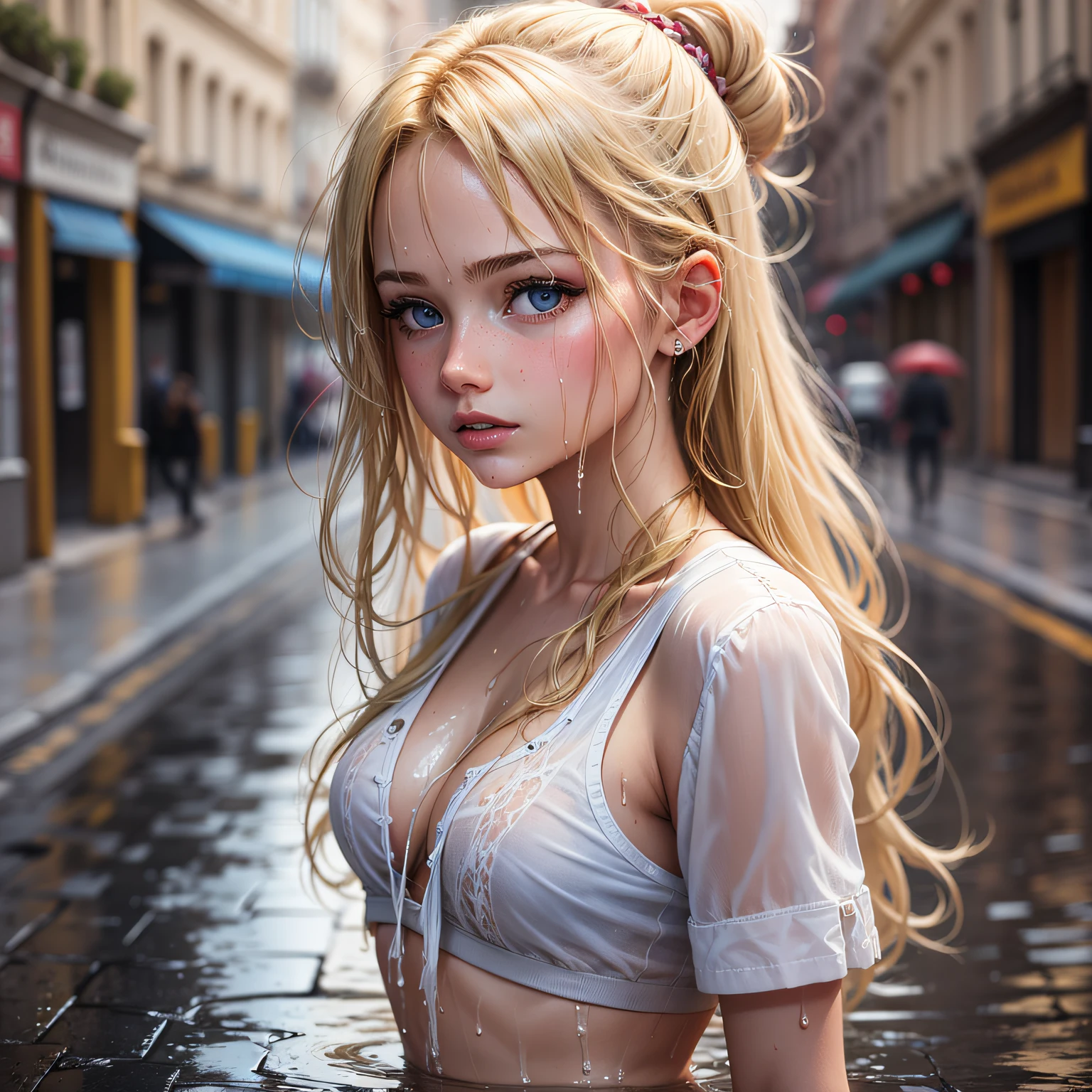 Best Quality, Masterpiece, Ultra High Resolution, (Fidelity: 1.4), Photo, 1 Girl, [(sad)], white shirt, dim, dark, despair, pity, pitiful, movie, tears, teardrops, (torn clothes: 1.5), (wet clothes: 1.4), bare shoulders, real rain, wet hair --auto