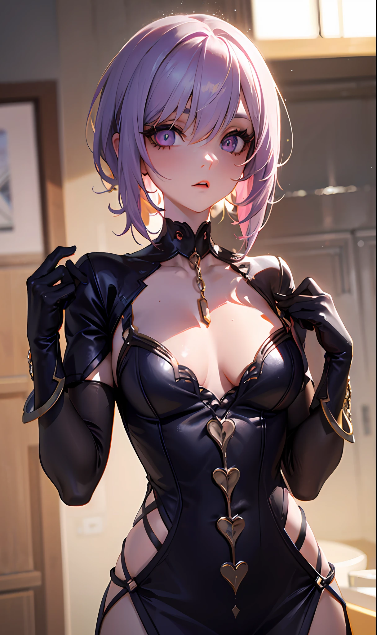（tmasterpiece，Sideslit，Beautiful eyes：1.2），（tmasterpiece*sportrait），sportrait，busts，（busts），Lifelike，Anatomical correct，3D脸，luscious skin，（Solo），Hair with pick-dye，Gradient hair，（closeup of face），Lovely face，（Fire opal-like purple eyes），Hanging eye corners，（（highdetailskin，Visible pores）），（Perfect body），Beautiful girl，little breast，（（Ladies_Made_costume）），（neck rings），very short gloves，（chain）