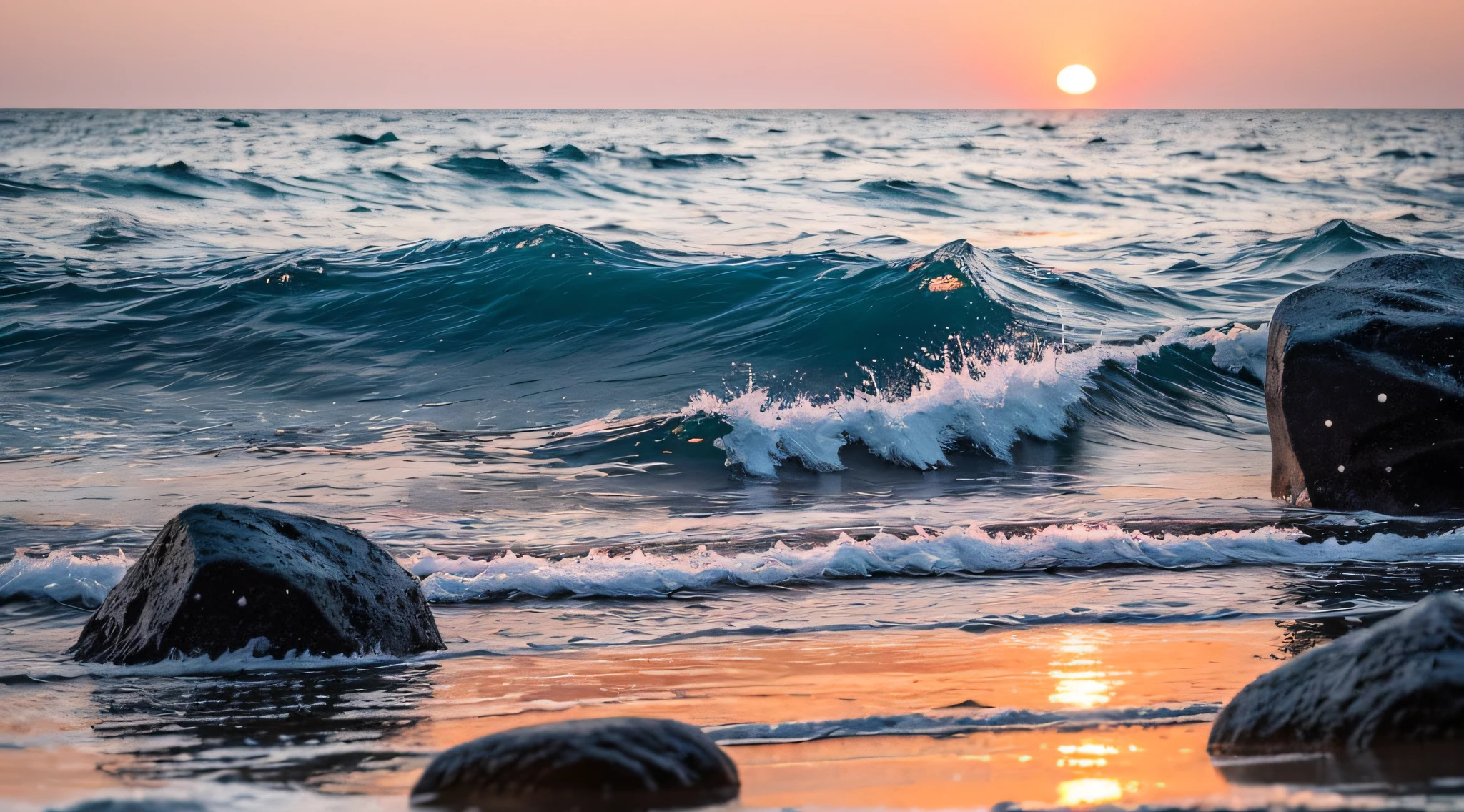 Real scenery，high-definition photography，Sea slow door photography，Close up 4 stones hit by water，Medium view of the sea，Distant view of the sun at dusk，And the sky illuminated by the setting sun，Beautiful，Like Wonderland，Vast angle，ultraclear，Rich level of detail，Award-winning works