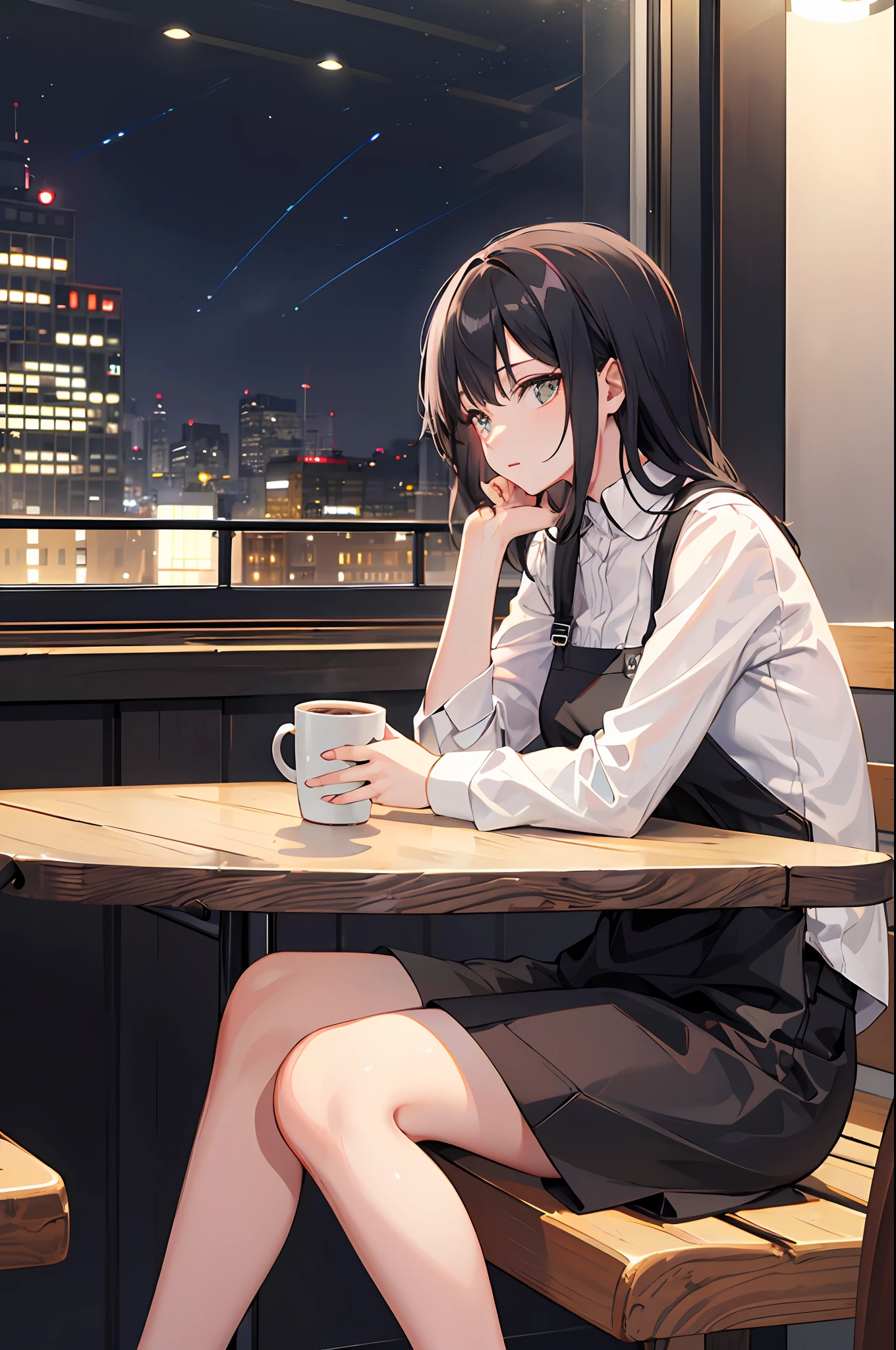 Amazingly cool woman with black hair sitting in café,((looking at the window)) ((Drink hot coffee while looking out the window at night)). She rests her elbows on the table, Exudes an air of elegance and beauty.