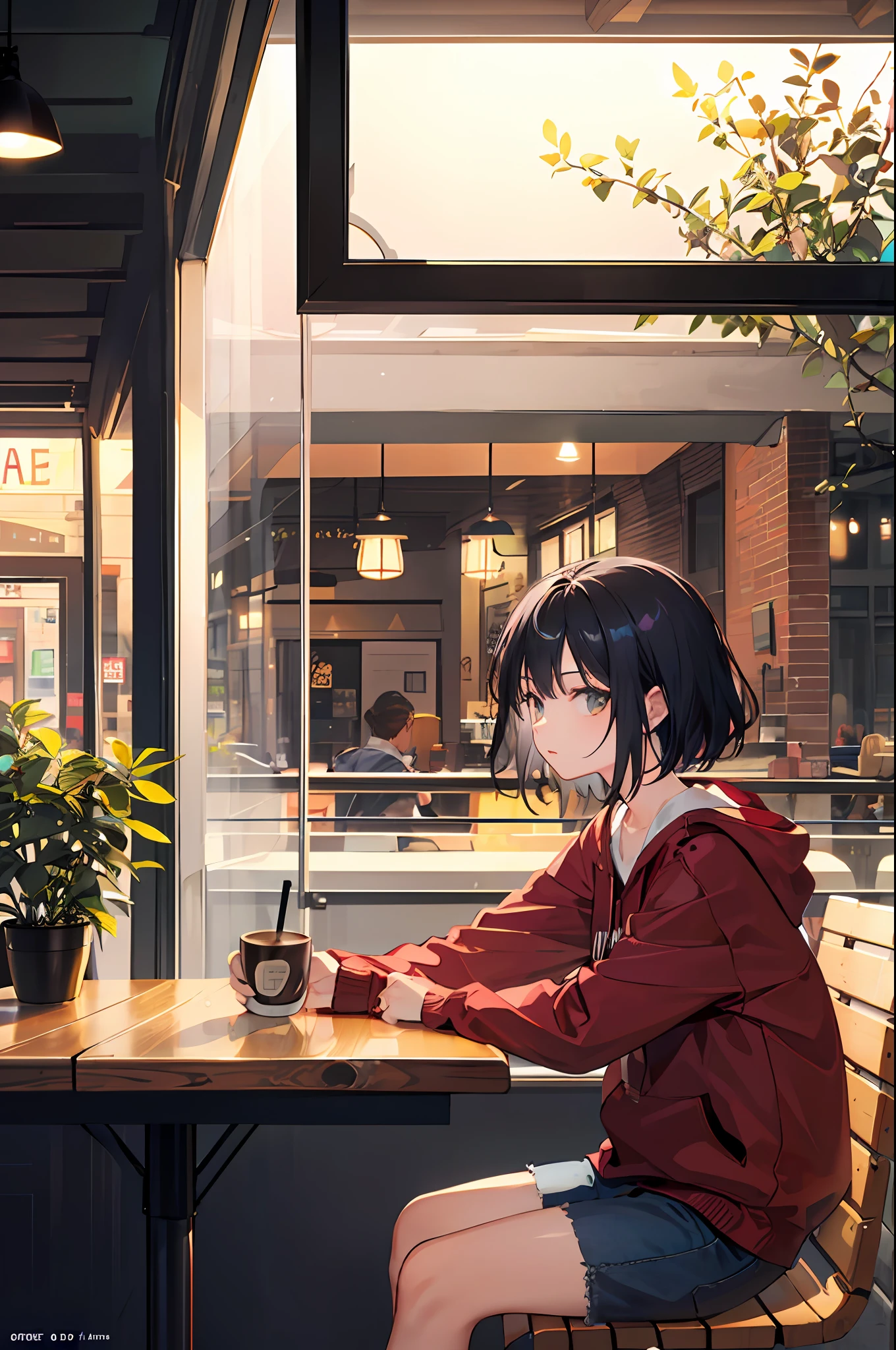 Amazingly cool woman with black hair sitting in café,((looking at the window)) ((Drink hot coffee while looking out the window at night)). She rests her elbows on the table, Exudes an air of elegance and beauty.